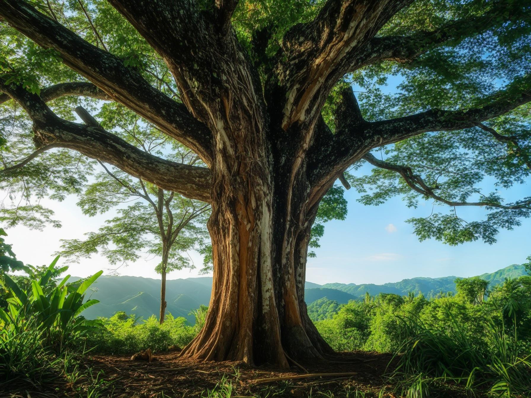 Majestic tree in lush green landscape with blue sky and distant mountains, symbolizing nature and tranquility.