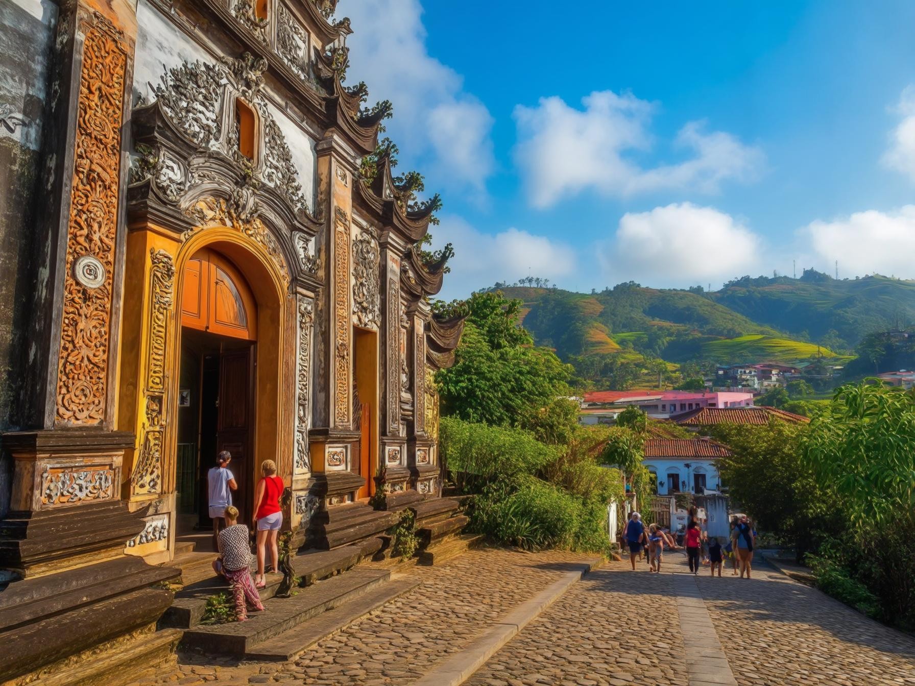 People entering a colonial church in a scenic town with vibrant green hills under a blue sky.