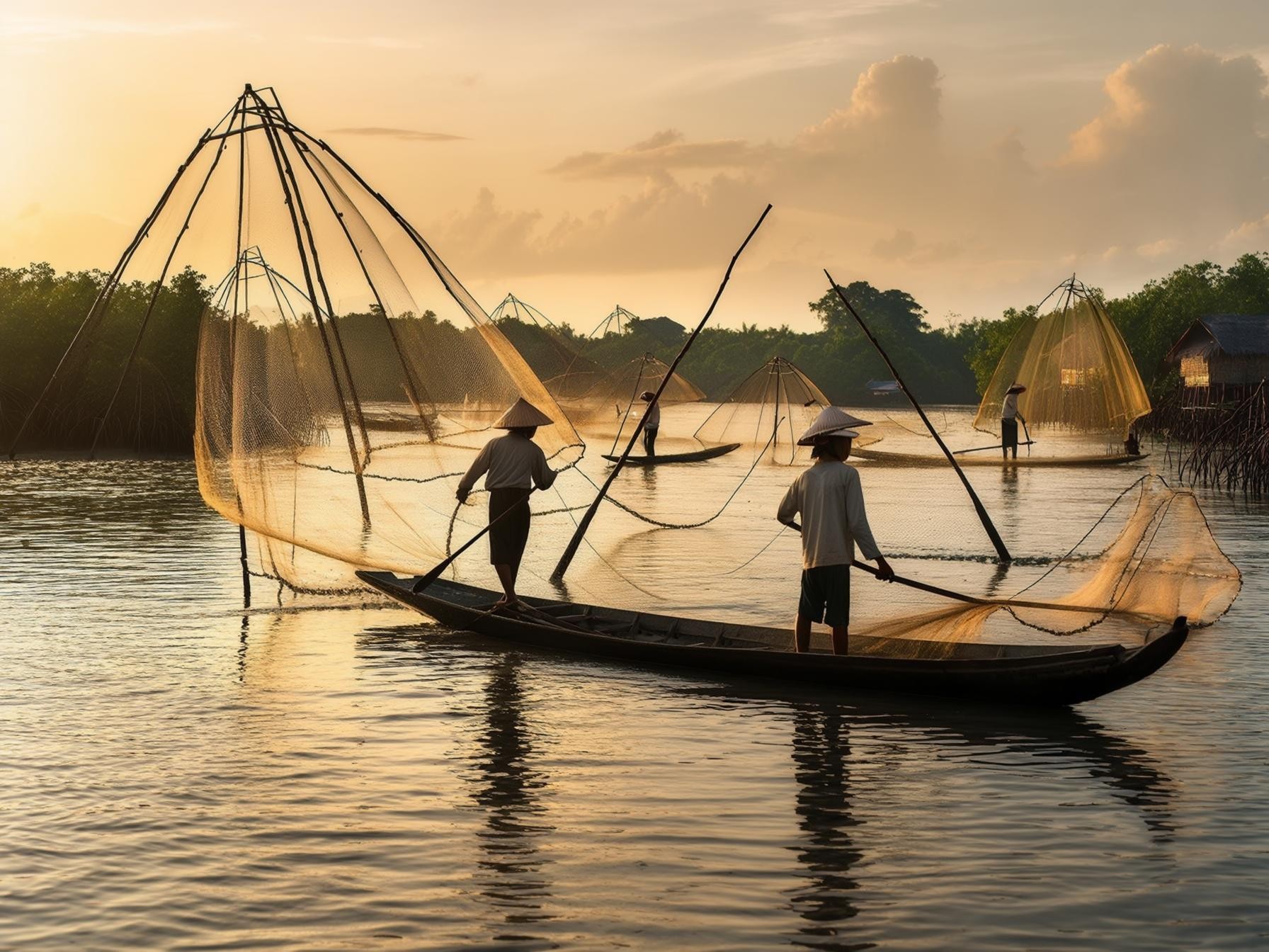 Fishermen in traditional hats using large fishing nets on wooden boats during a golden sunset over a calm river.