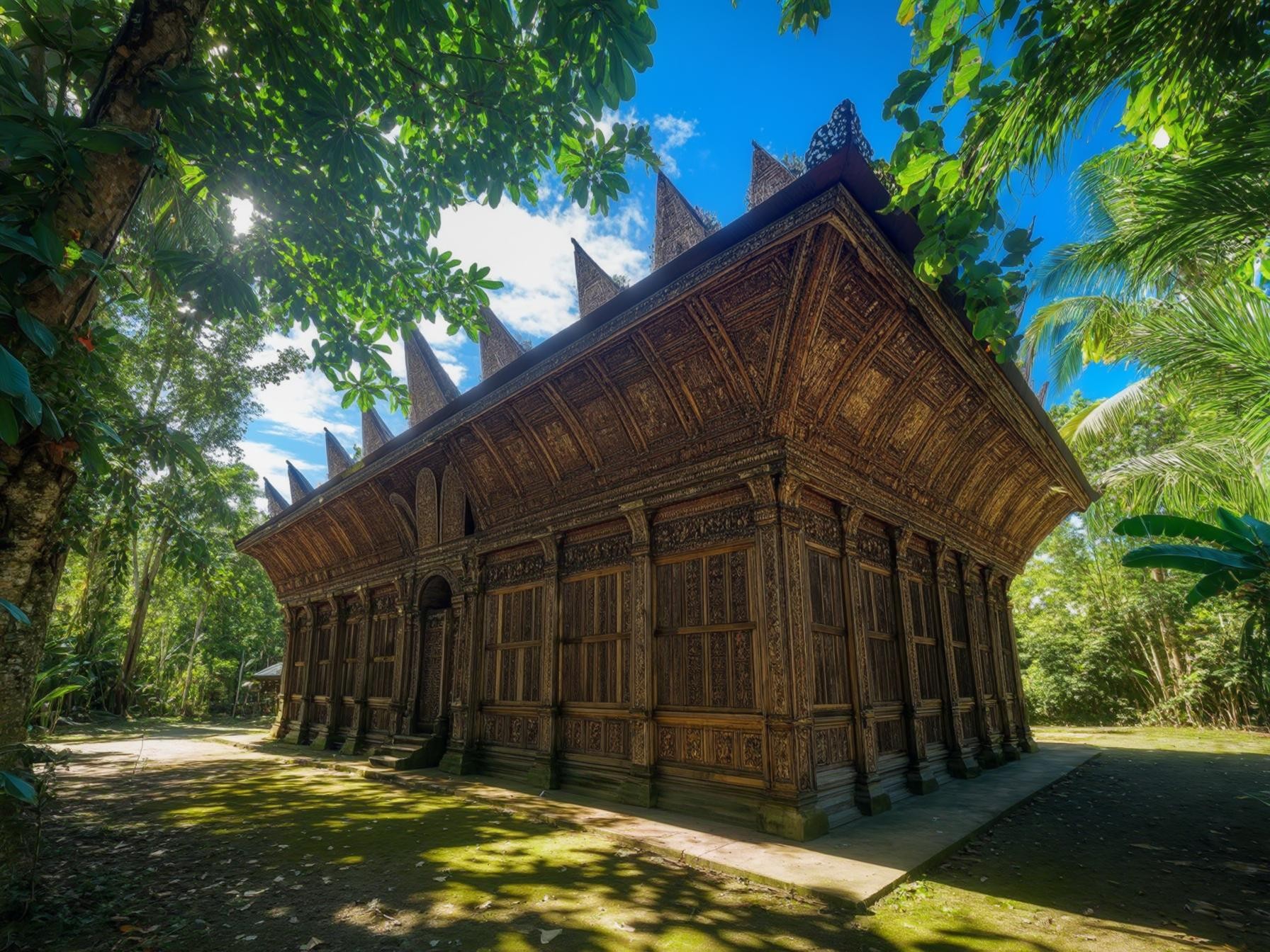 Traditional wooden Minangkabau house with detailed carvings in lush green landscape under a clear blue sky.