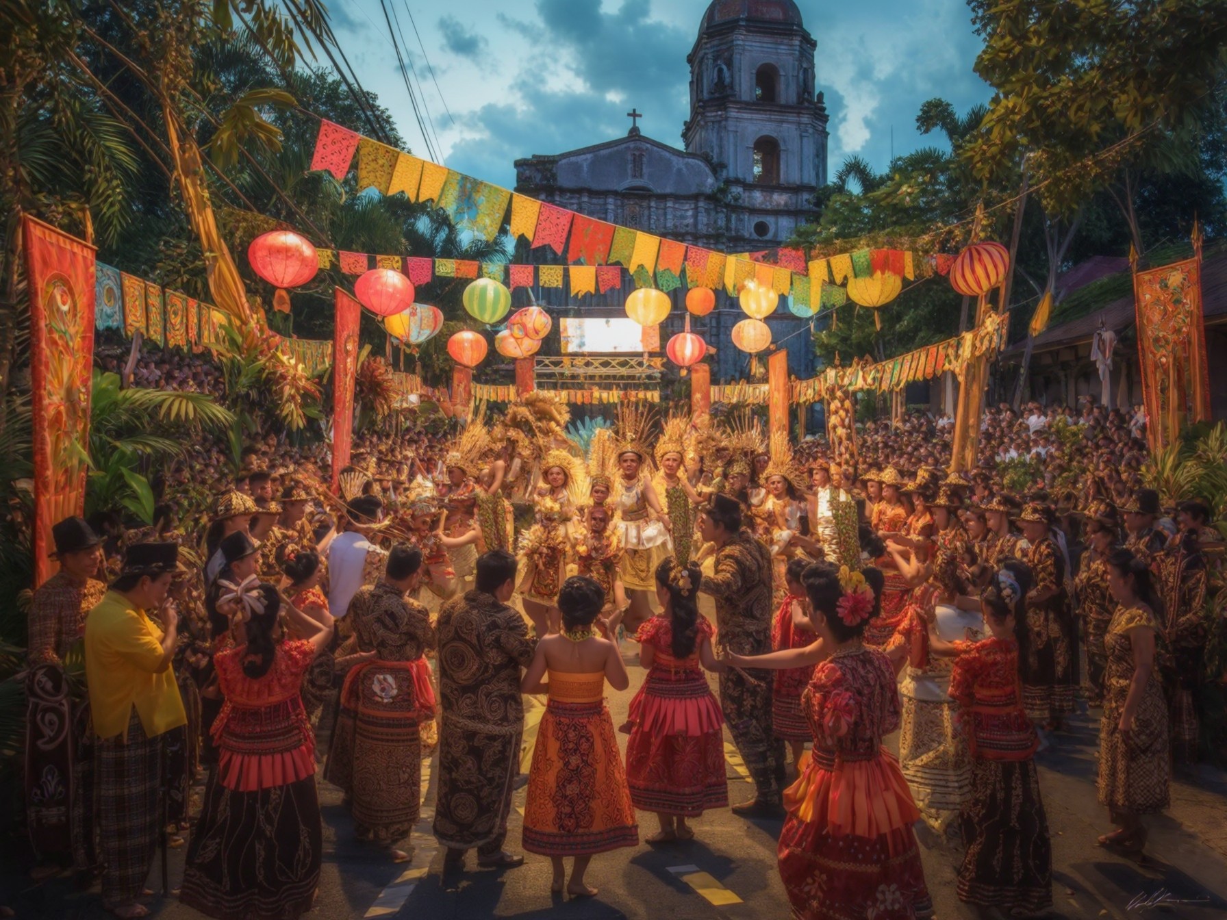 Cultural street festival with people in traditional costumes dancing near a historic church under vibrant lanterns and banners.