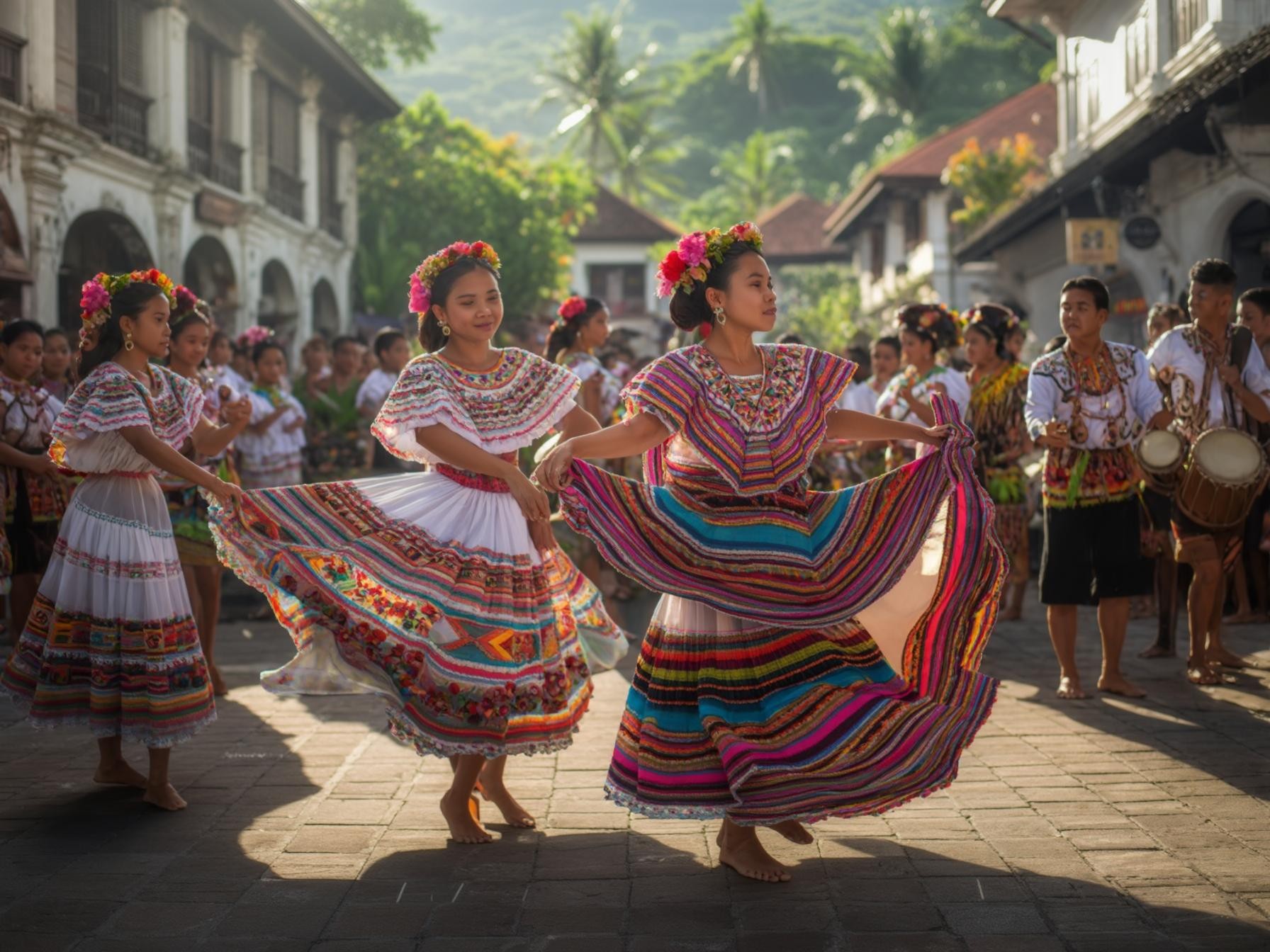 Traditional Mexican dancers in colorful embroidered dresses performing in a cultural street festival with musicians.