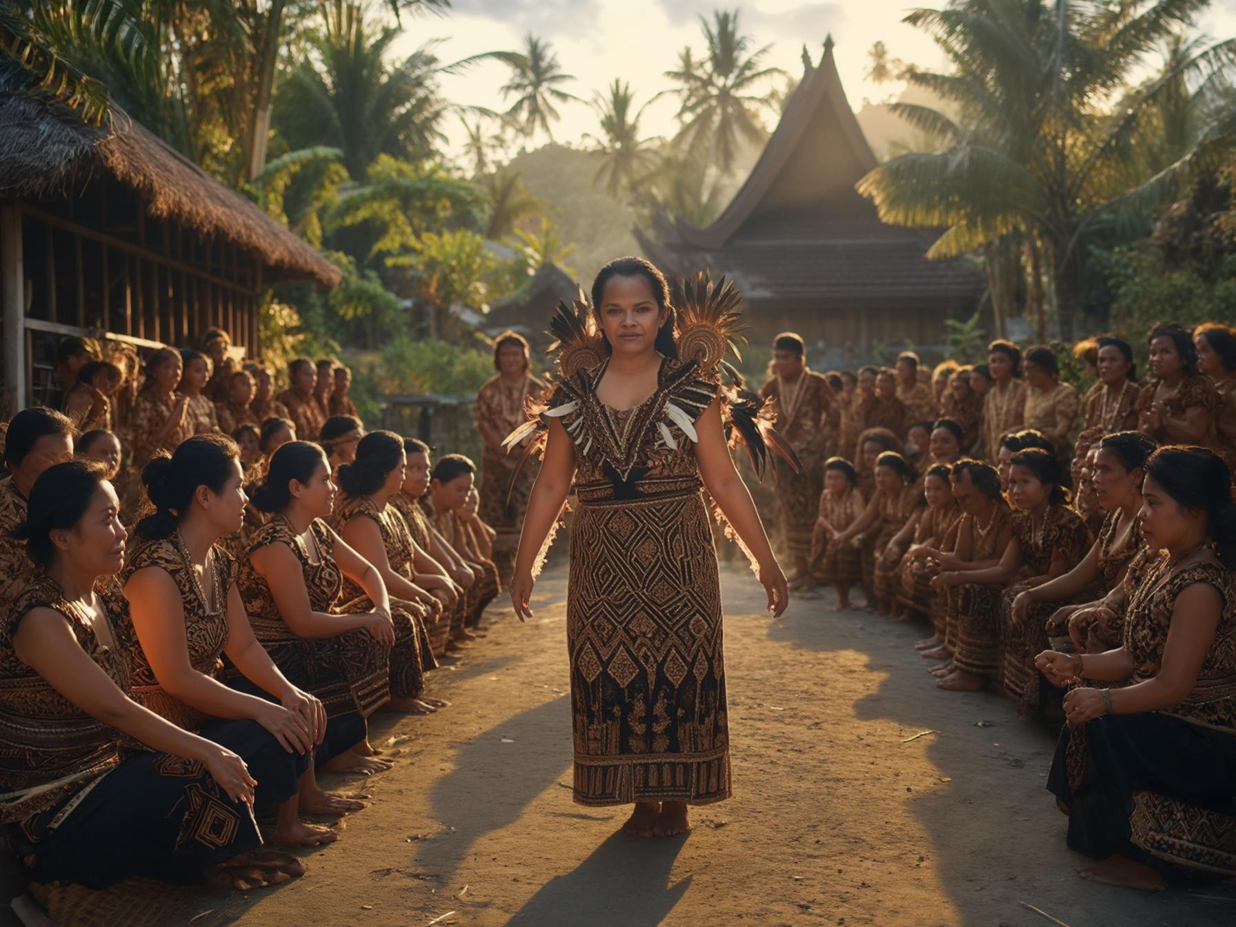 Traditional tribal gathering with people in cultural attire, surrounded by tropical palm trees and traditional wooden houses, during sunset.