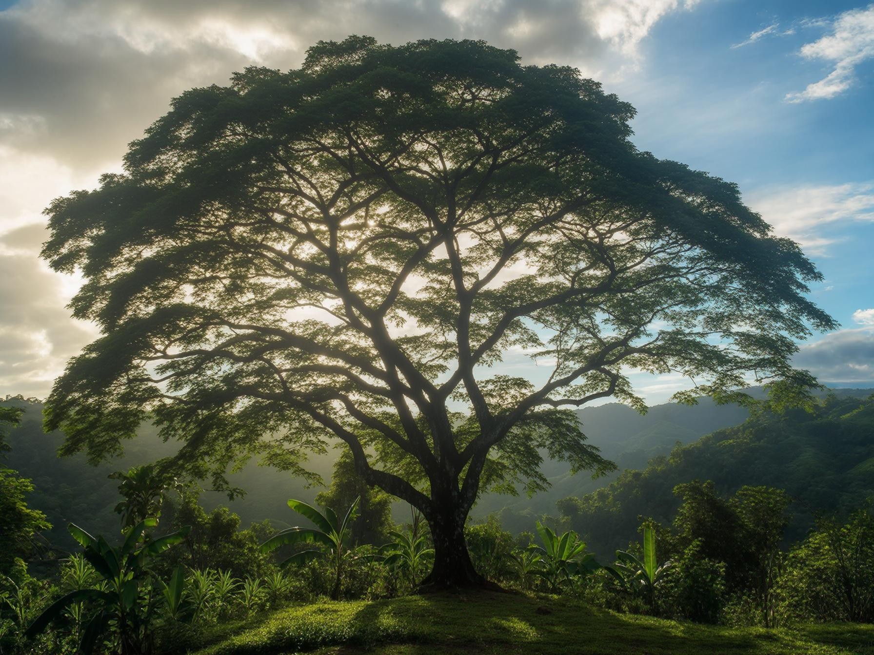 A large tree with sprawling branches against a scenic mountain landscape, illuminated by sunlight filtering through the clouds.