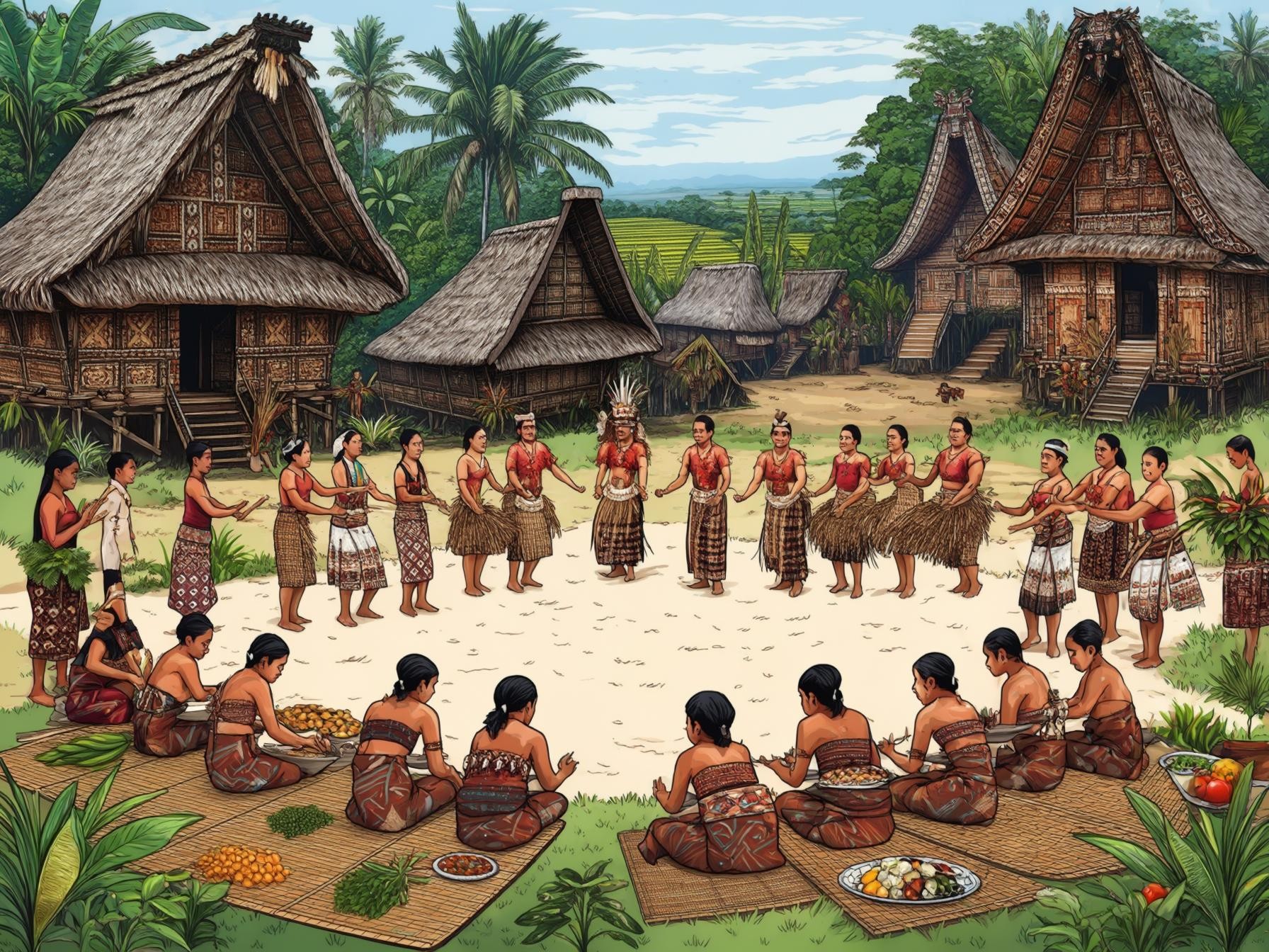 Traditional dance and gathering in a tropical village setting with thatched-roof houses and cultural attire.