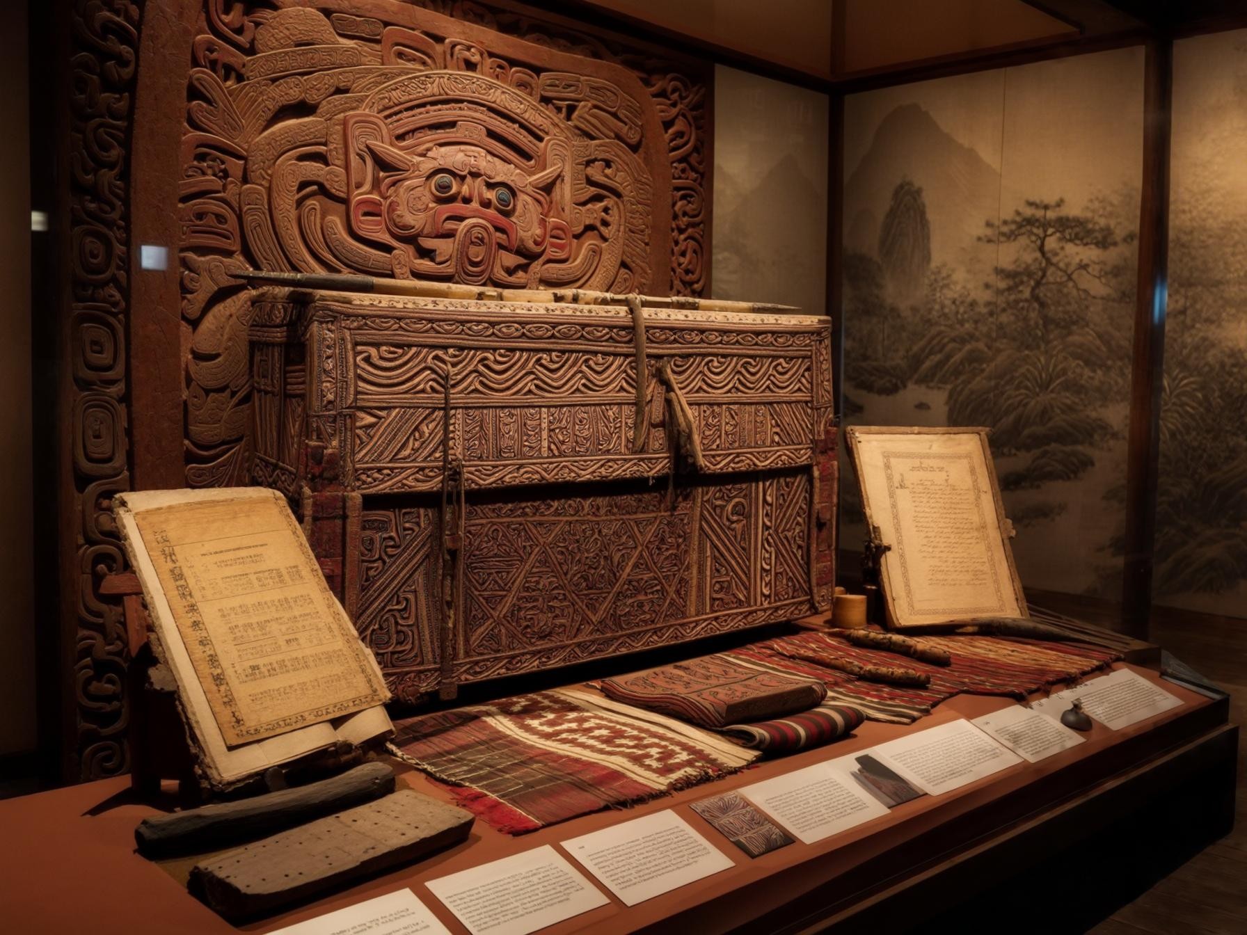 Ancient artifacts display featuring ornate carved chest, old manuscripts, and traditional textiles in a museum exhibition setting.