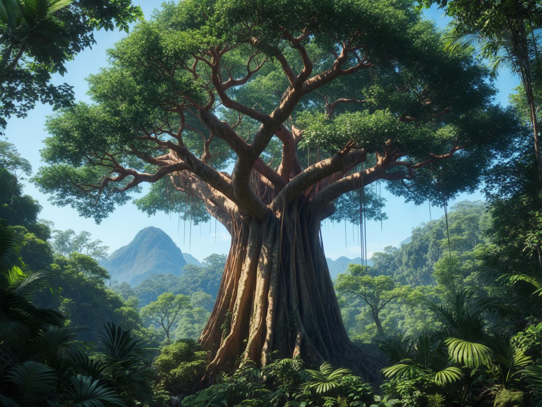 Majestic giant tree in a lush green tropical jungle with distant mountain backdrop and clear blue sky.