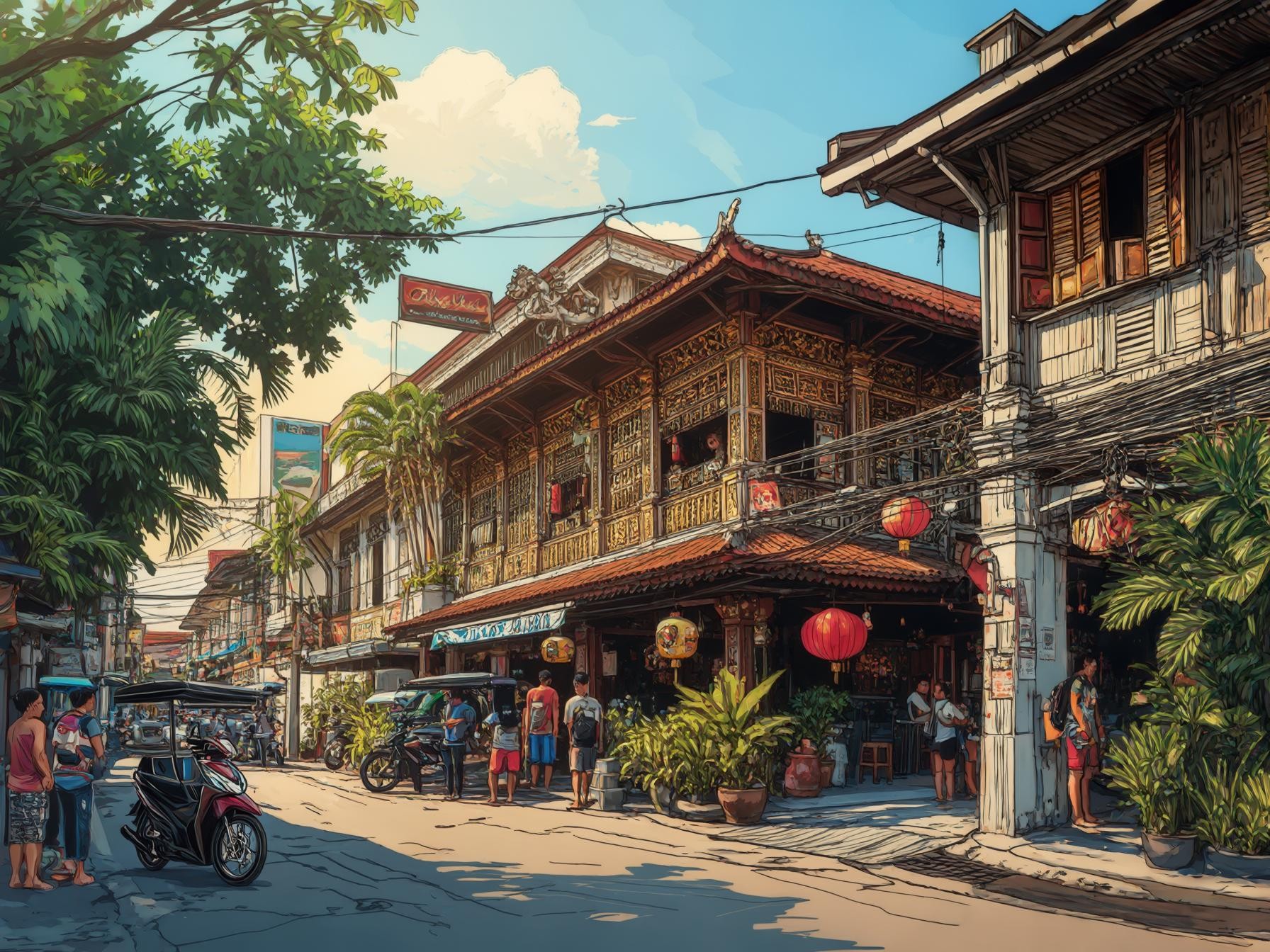 Vintage Asian street scene with traditional wooden architecture, red lanterns, motorbikes, and lush greenery under clear skies.