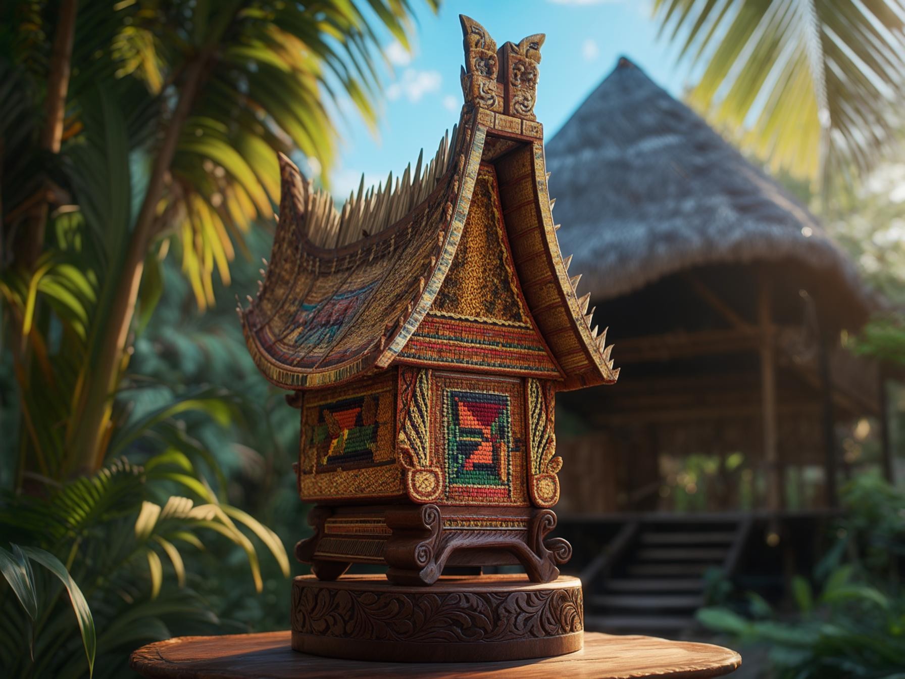 Traditional handcrafted miniature wooden house with intricate patterns, set in a tropical background with lush greenery and a thatched hut.