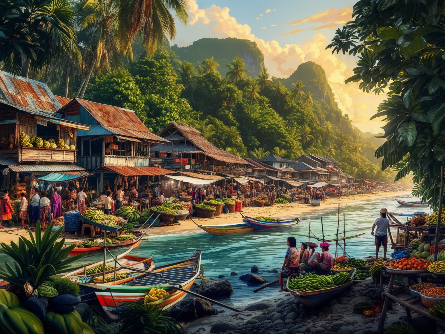 Tropical riverside market with colorful boats, lush vegetation, and people shopping for fresh fruits and vegetables.