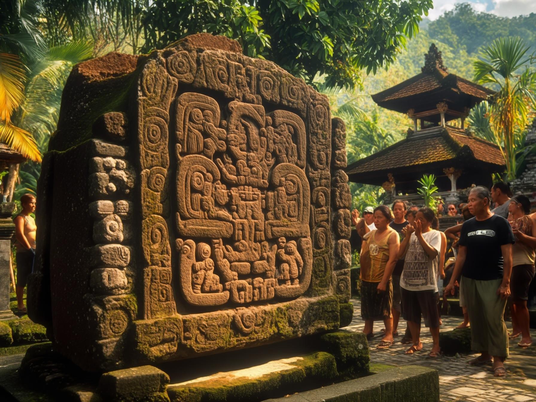 Ancient stone carving with intricate patterns surrounded by lush greenery and traditional Balinese architecture.