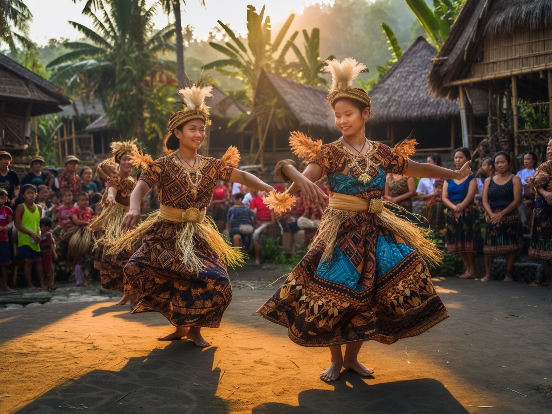 Traditional dancers in vibrant tribal costumes performing a cultural dance in a village setting during sunset.