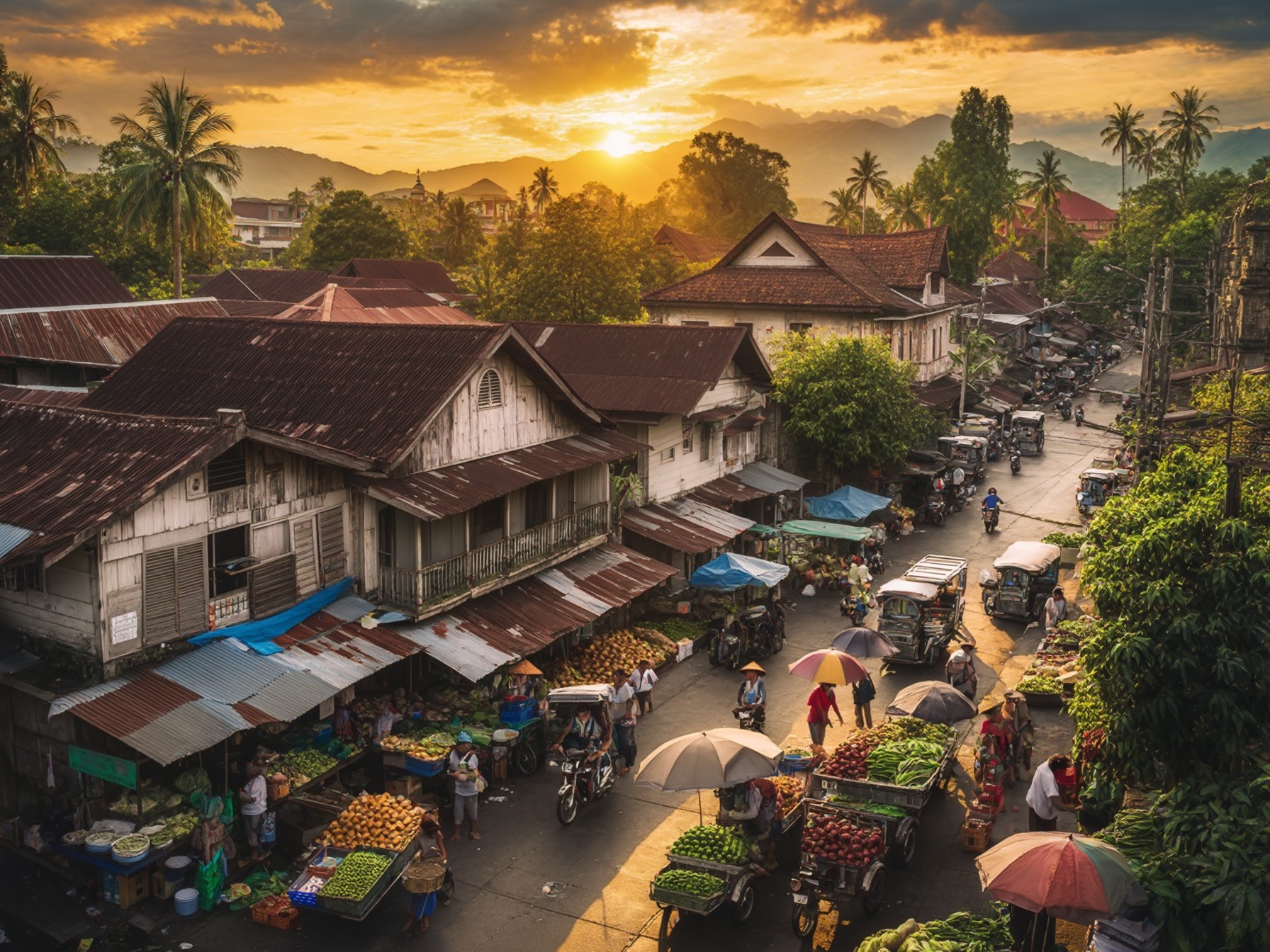 Sunset over a bustling Southeast Asian street market with fresh produce, tropical trees, and traditional buildings.