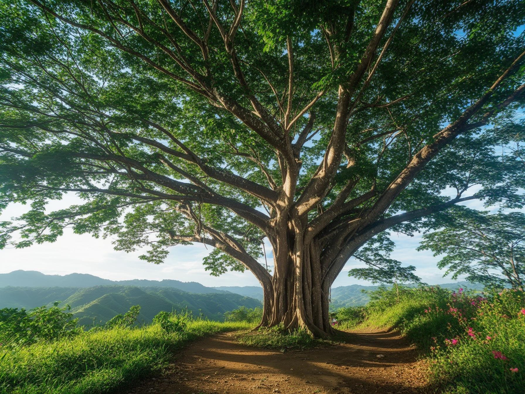 A large, sprawling tree with green foliage stands on a dirt path surrounded by vibrant grass and a scenic mountain view.