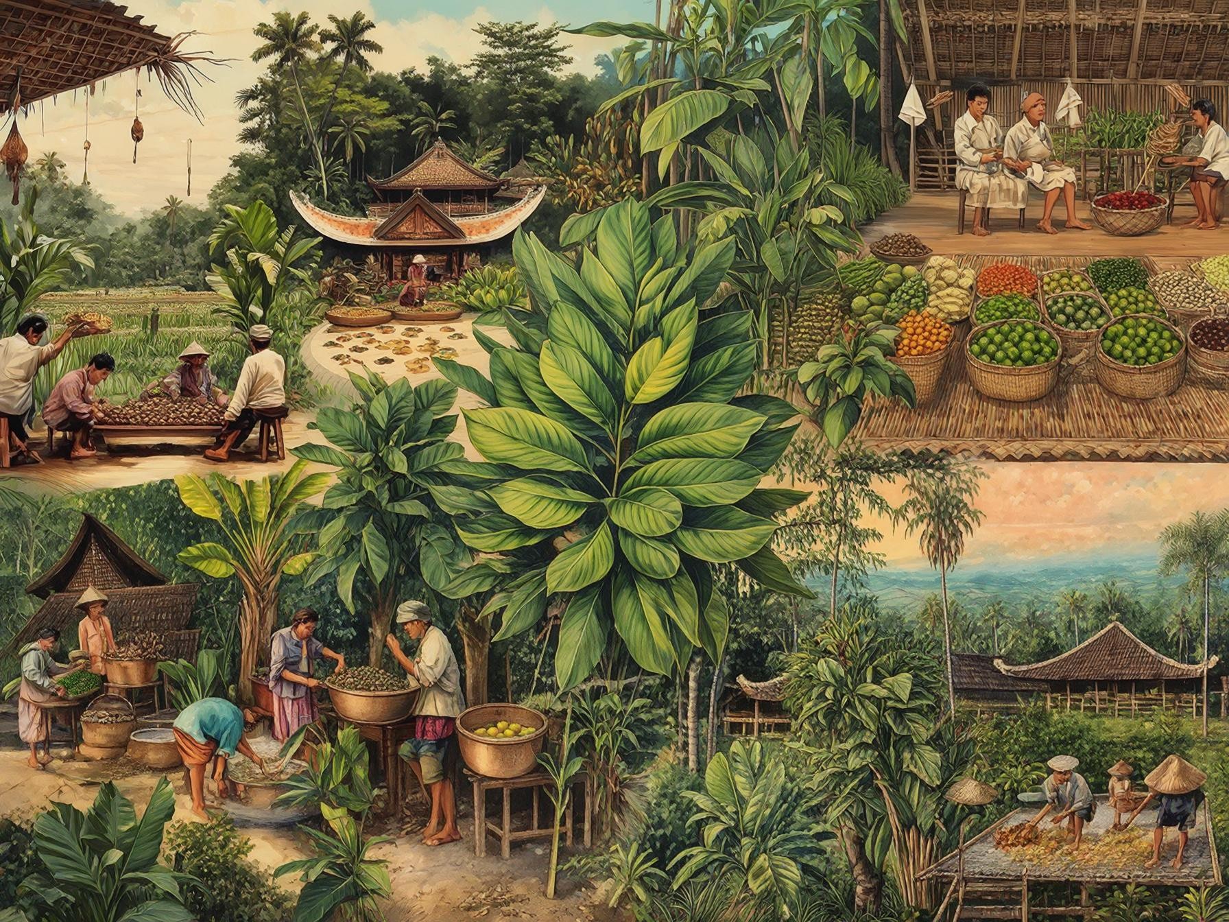 Traditional rural life in Southeast Asia, featuring farming, food preparation, tropical plants, and a vibrant market scene.