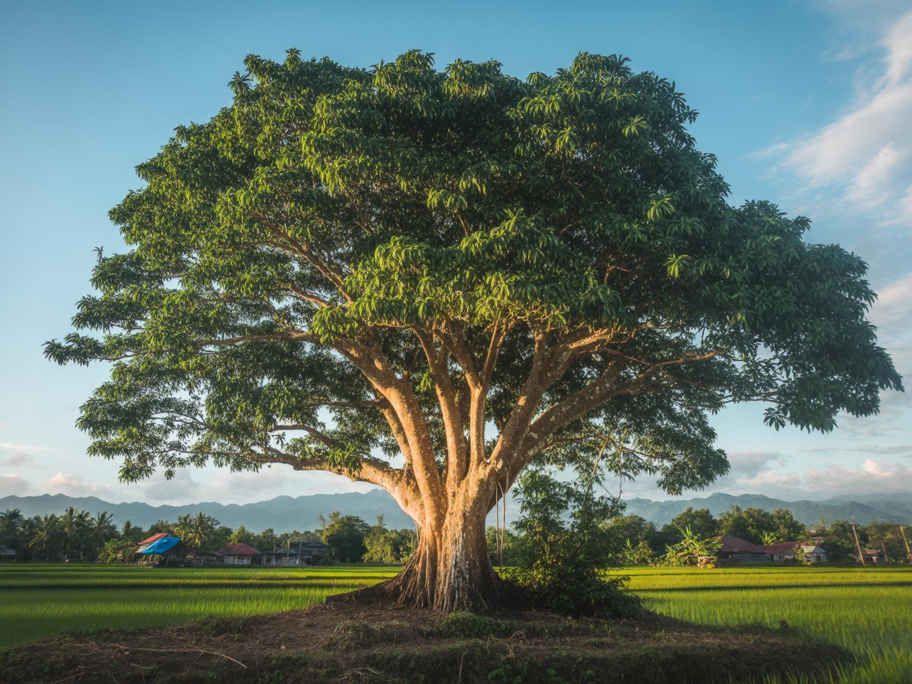 A large tree in a green rice field with houses and mountains in the background under a clear blue sky.