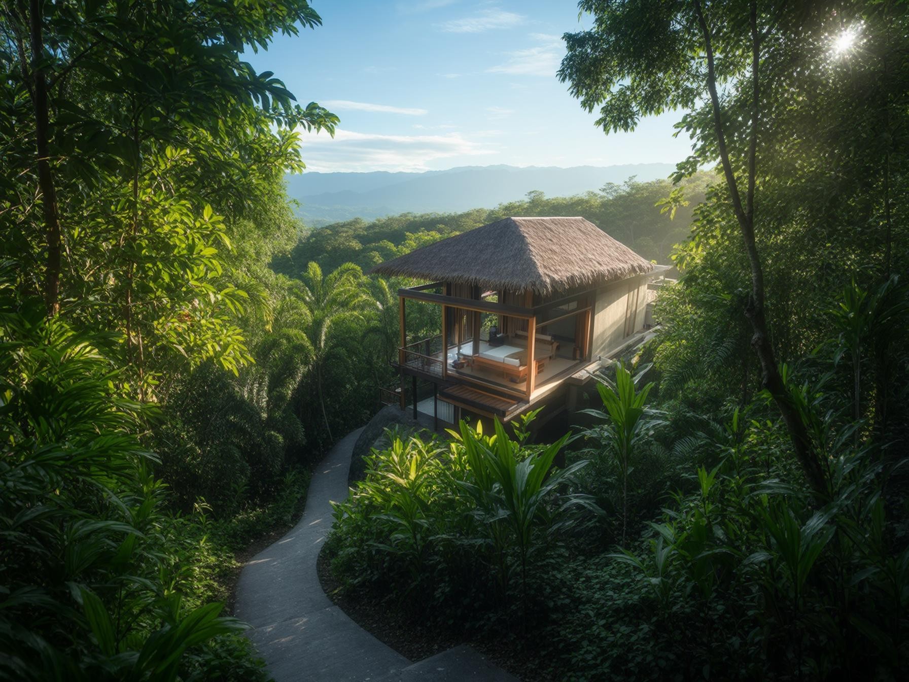 Luxury eco-friendly villa surrounded by lush tropical rainforest, featuring a thatched roof and scenic nature views.