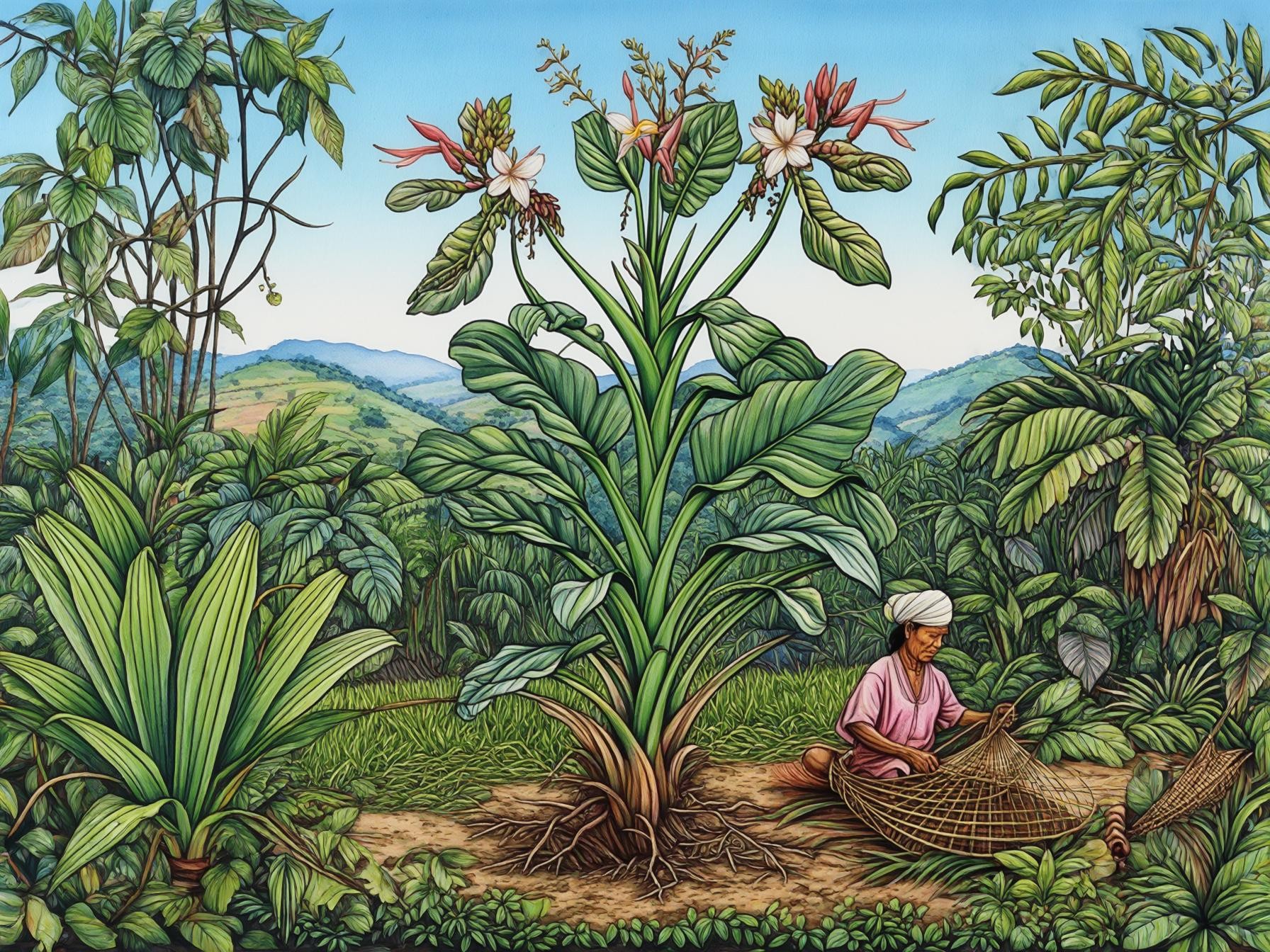 A person weaving a basket in a lush tropical forest with abundant greenery and large flowering plants against a hilly landscape.