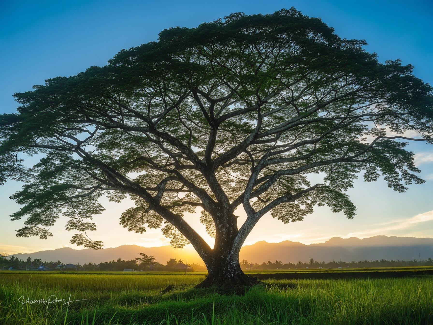 Large tree in a lush green field with a golden sunset and mountain silhouette in the background.