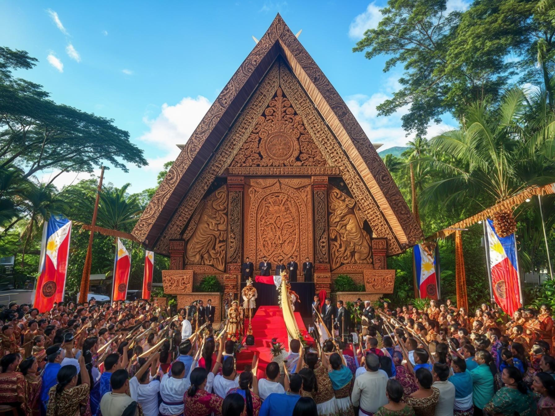 Cultural ceremony at intricately carved wooden building with crowd, flags, and tropical trees, depicting traditional festivities.