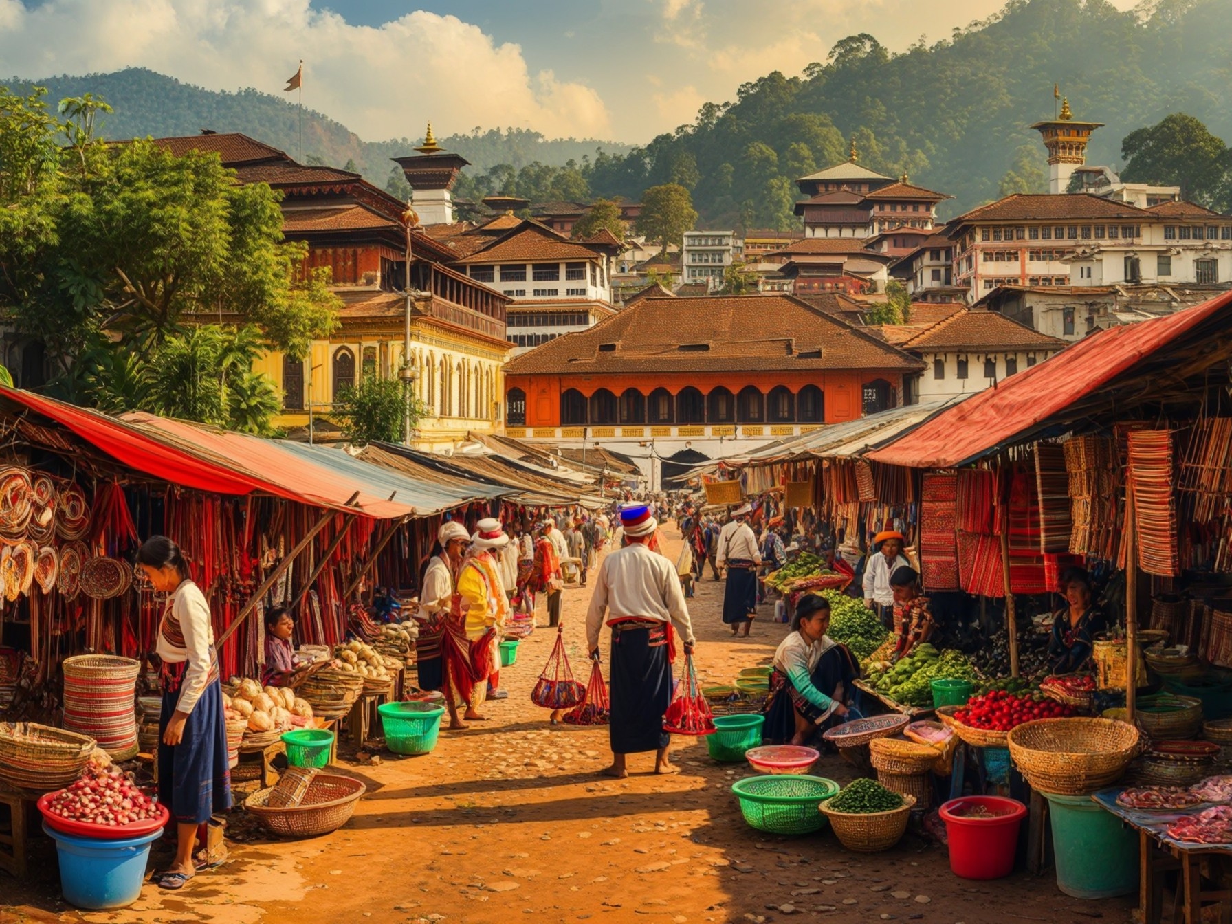 Traditional outdoor market with colorful stalls, fruits, vegetables, and handcrafted goods, set against a scenic mountainous backdrop.