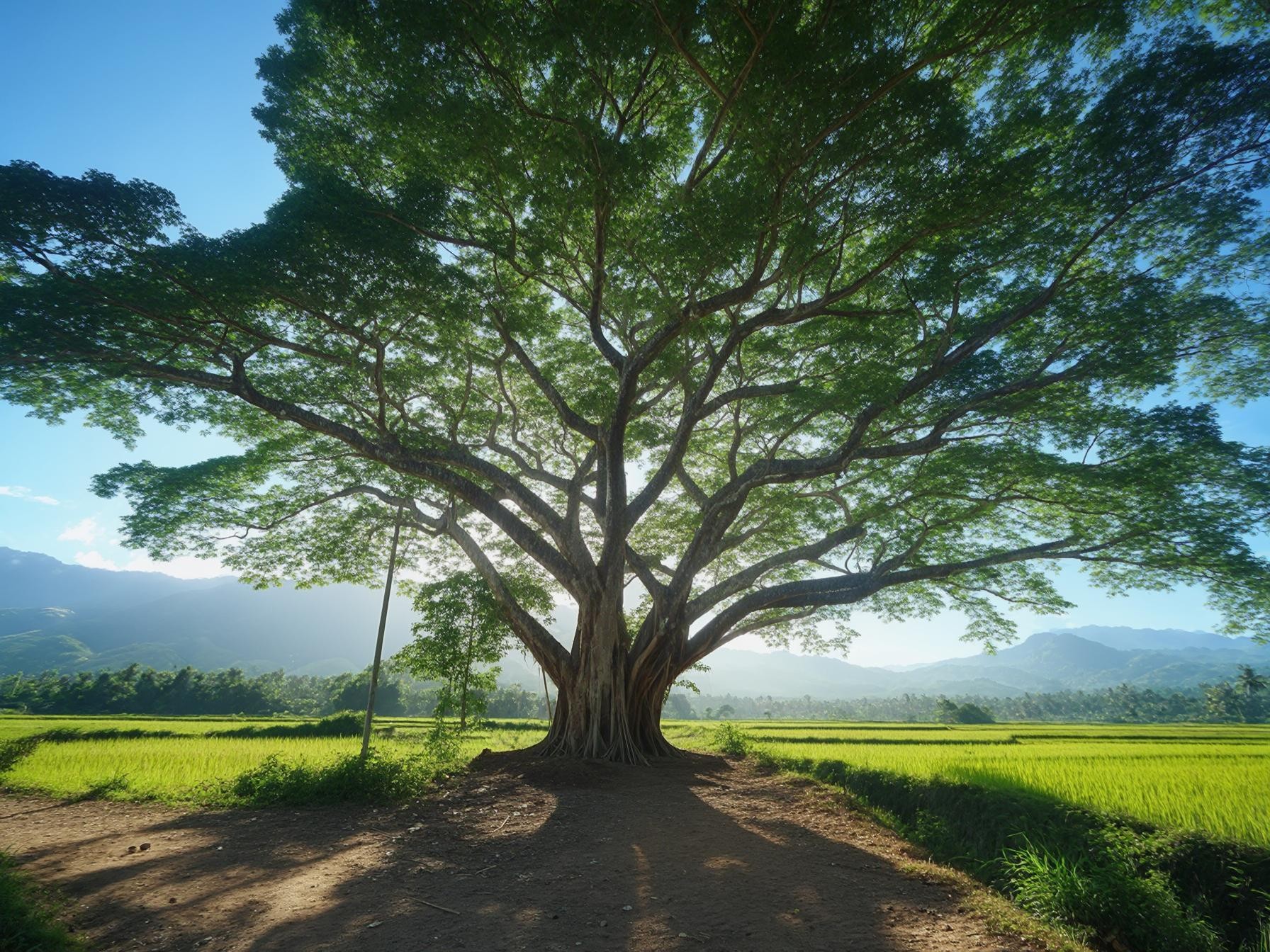 A large tree with sprawling branches in a sunny rural landscape, surrounded by green fields and mountains in the background.