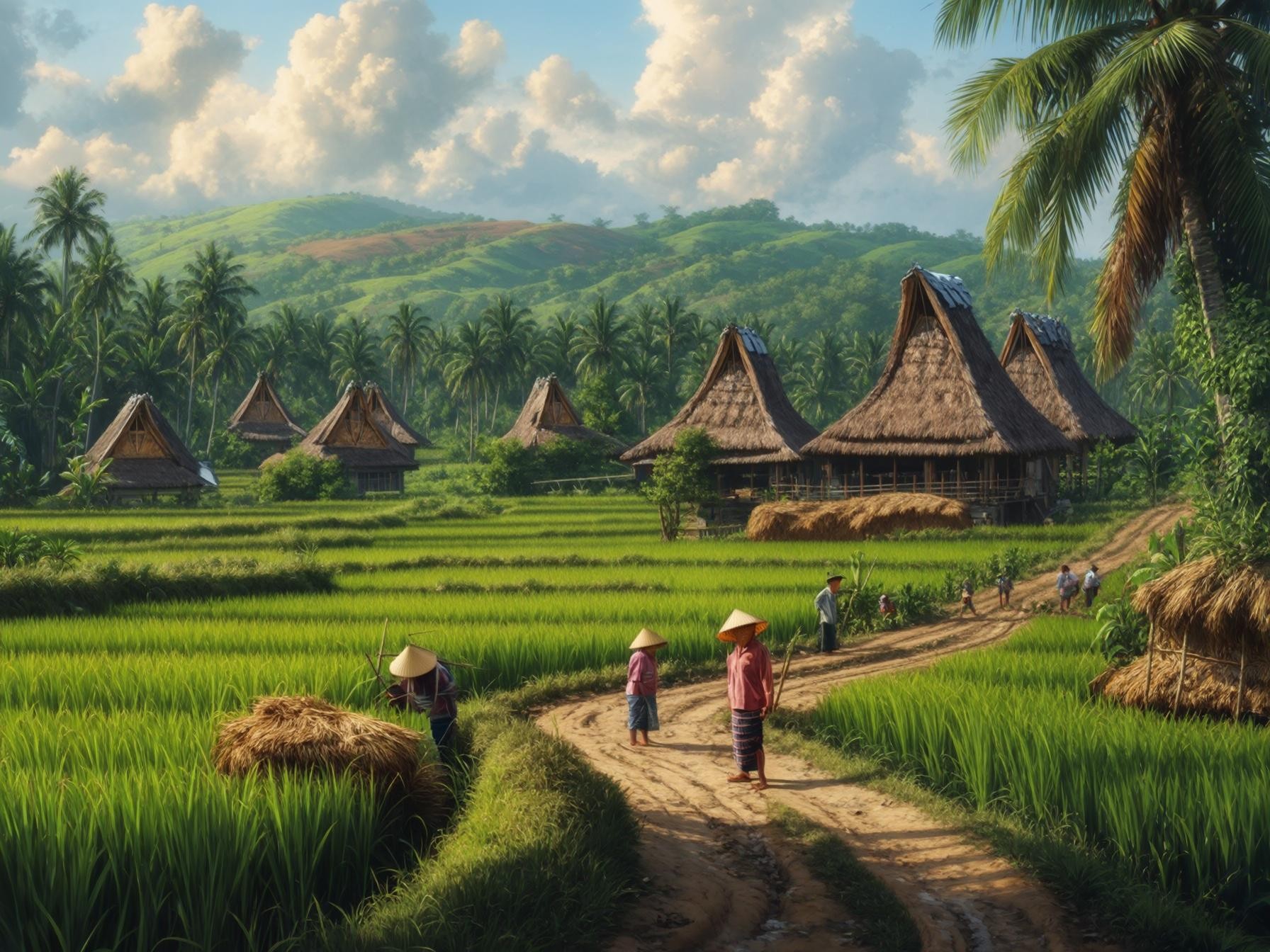 Traditional Indonesian village with lush green rice fields, thatched-roof huts, and people in conical hats working and walking.