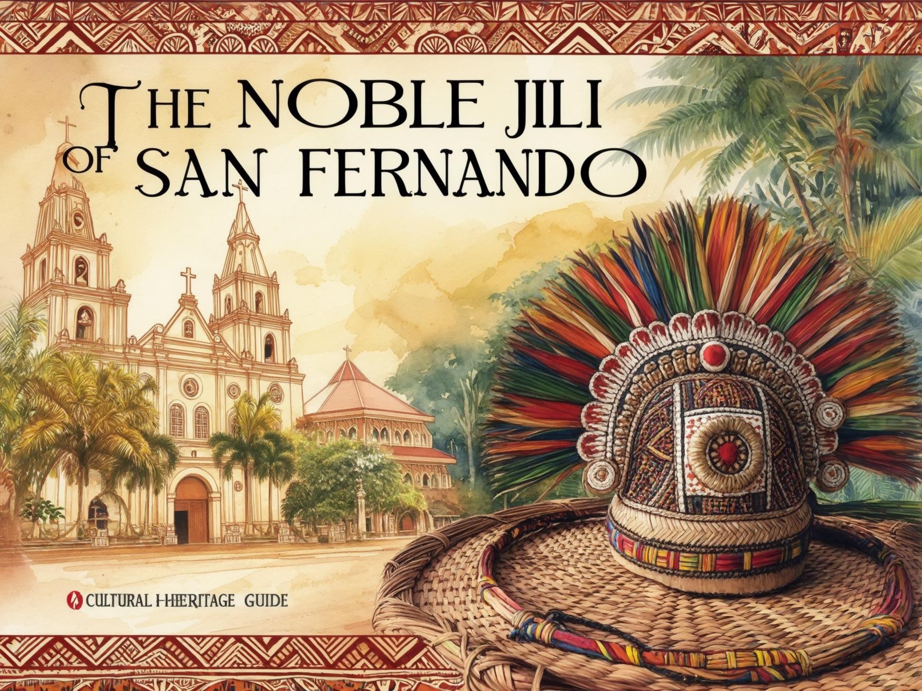 Illustration of San Fernando Cathedral with traditional tribal headdress and cultural patterns, representing local heritage and history.