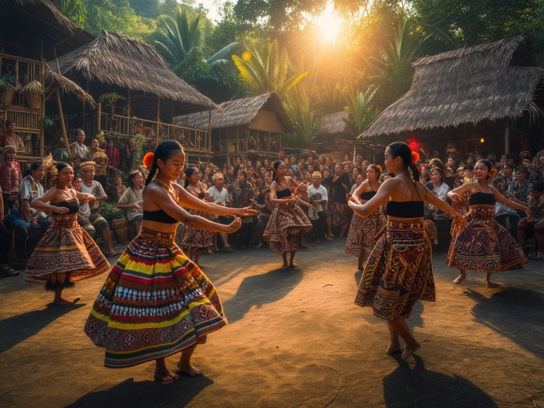 Traditional cultural dance performance in a village setting with an audience, vibrant costumes, and natural sunlight.