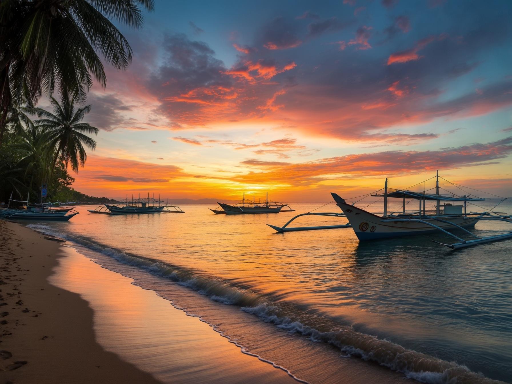 Tropical sunset beach with traditional boats and palm trees reflecting vibrant orange and purple skies over the calm ocean waters.