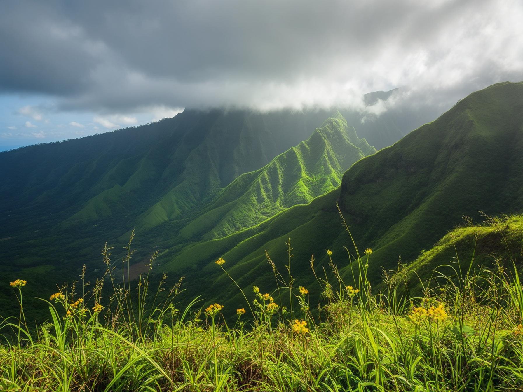 Lush green mountains with sunlight breaking through clouds, yellow wildflowers in the foreground, and misty peaks in the background.