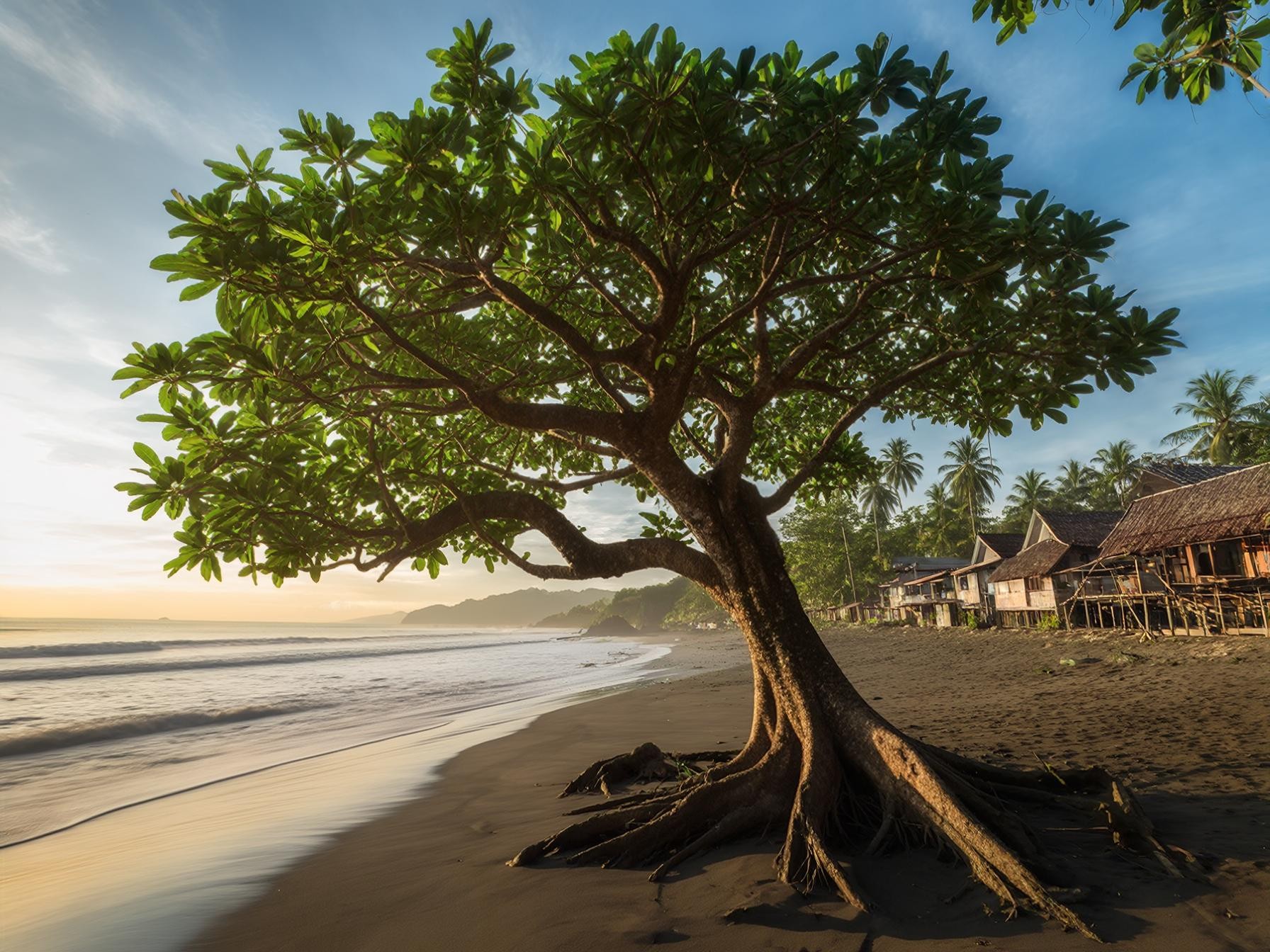 Tropical tree on a sandy beach with ocean waves and wooden houses in the background, under a bright blue sky.