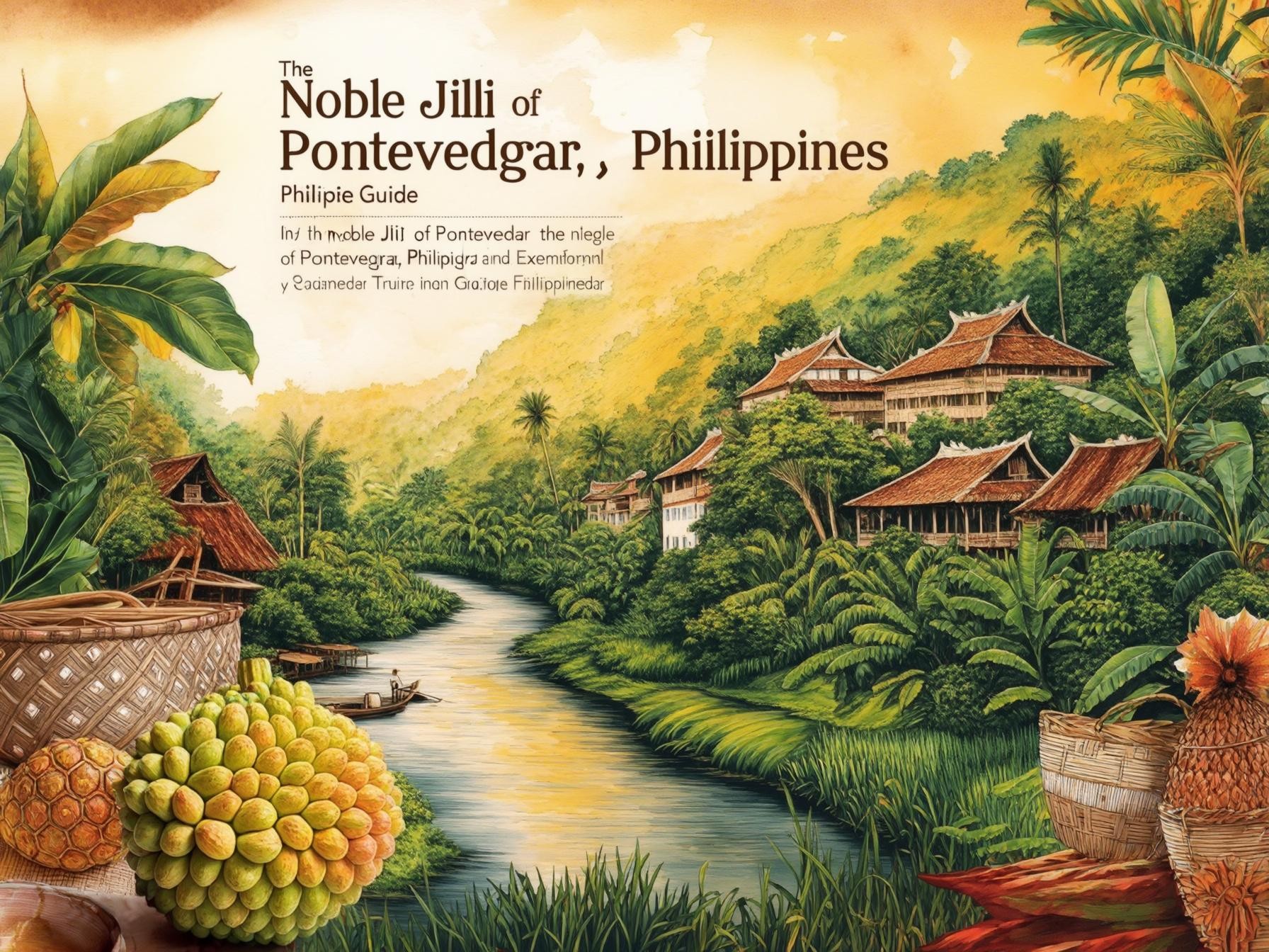 Riverside village in Philippines with traditional huts, lush greenery, river, and tropical fruits in an idyllic landscape.