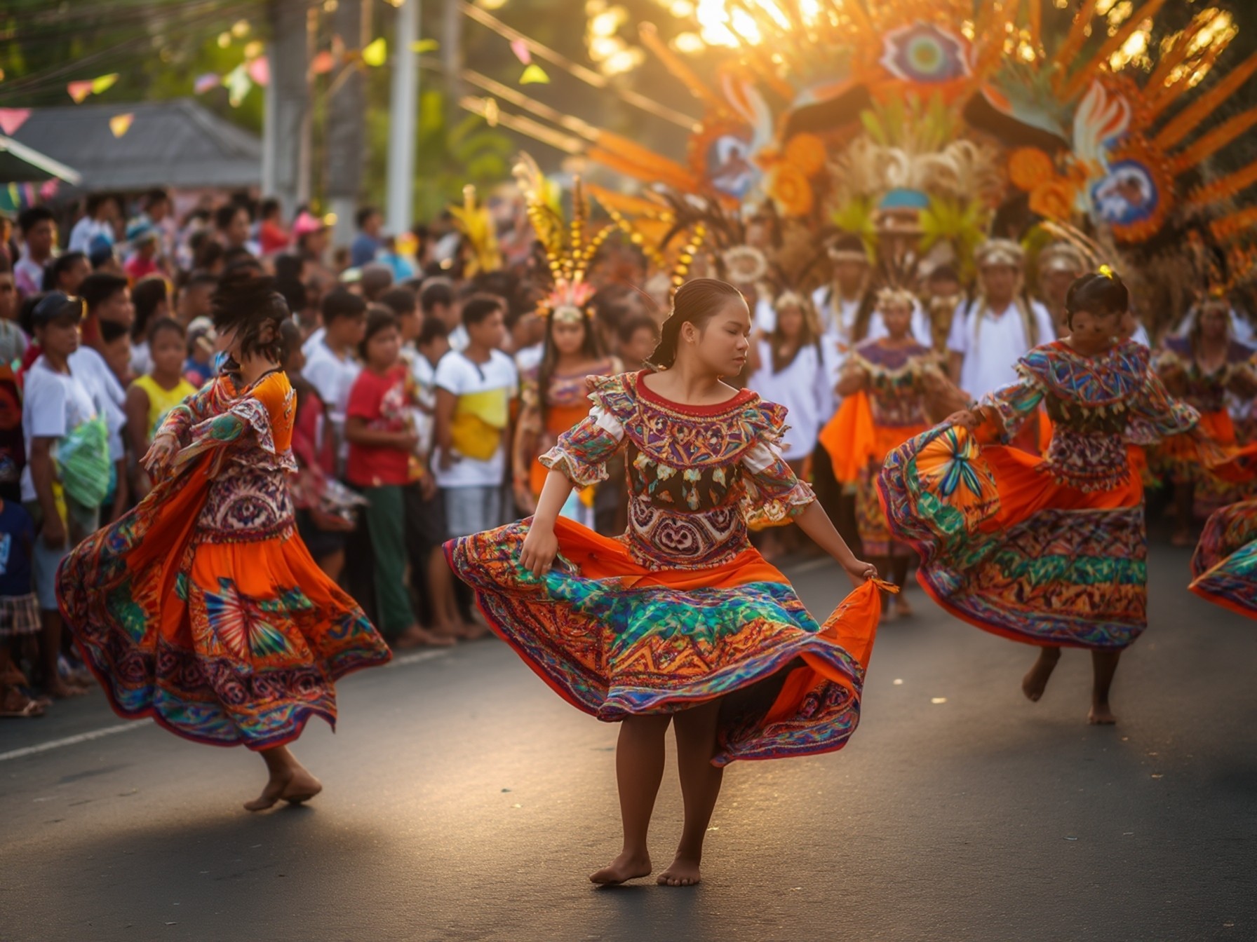 Colorful street parade with dancers in vibrant traditional costumes, performing in front of a lively crowd and decorated float.