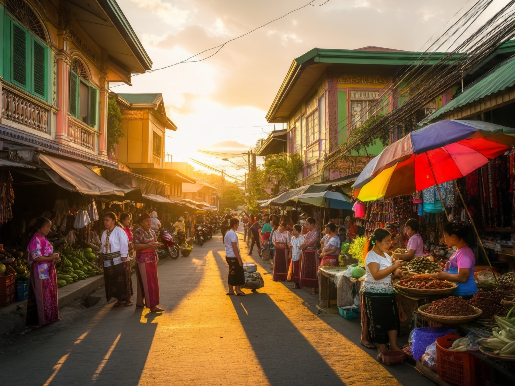 Bustling Asian street market at sunset with colorful umbrellas, vendors selling fresh produce, and traditional architecture.