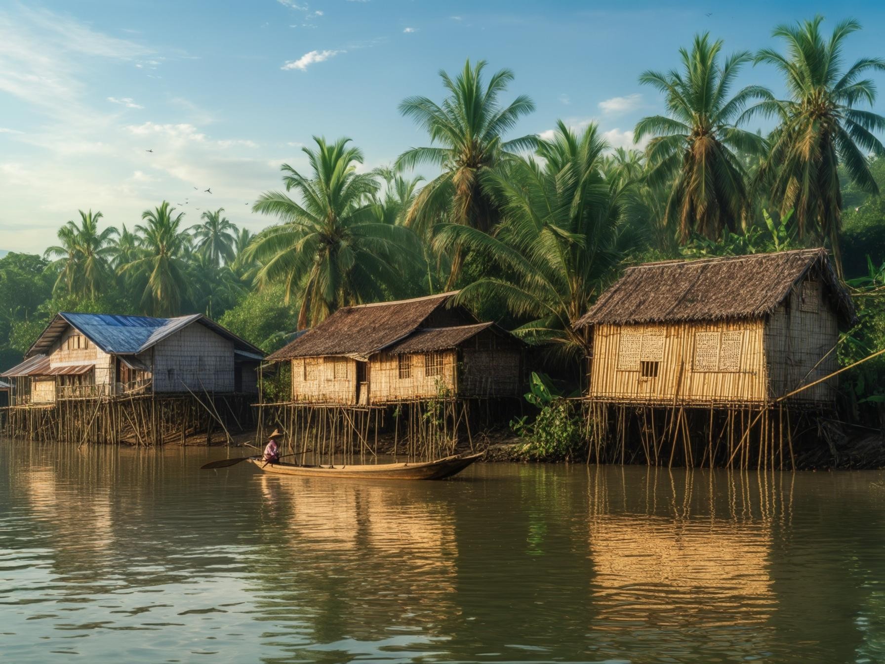 Traditional stilt houses by a calm river surrounded by lush palm trees under a clear blue sky.