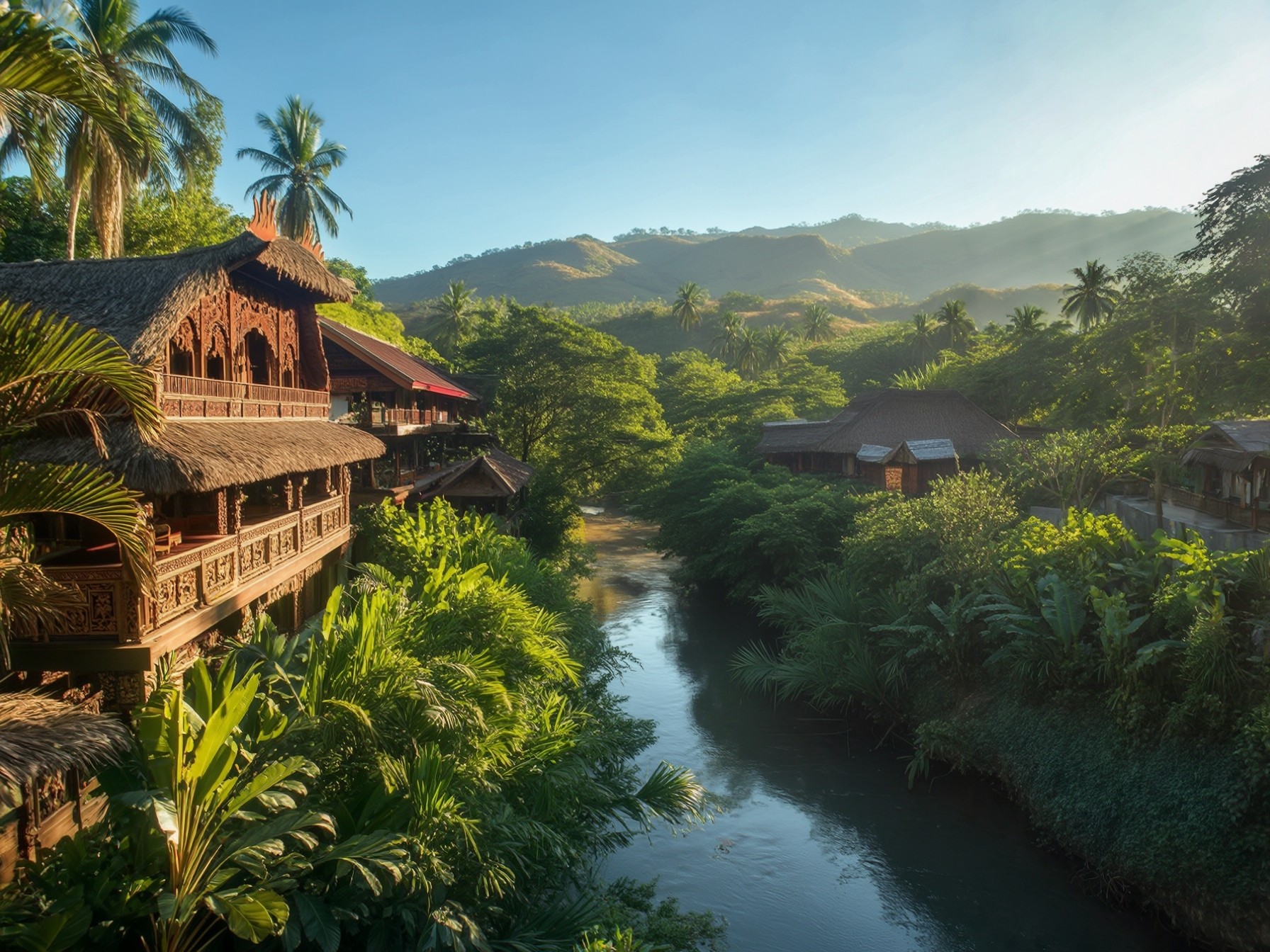 Tropical river landscape with traditional wooden houses, lush greenery, palm trees, and mountains under a clear blue sky.