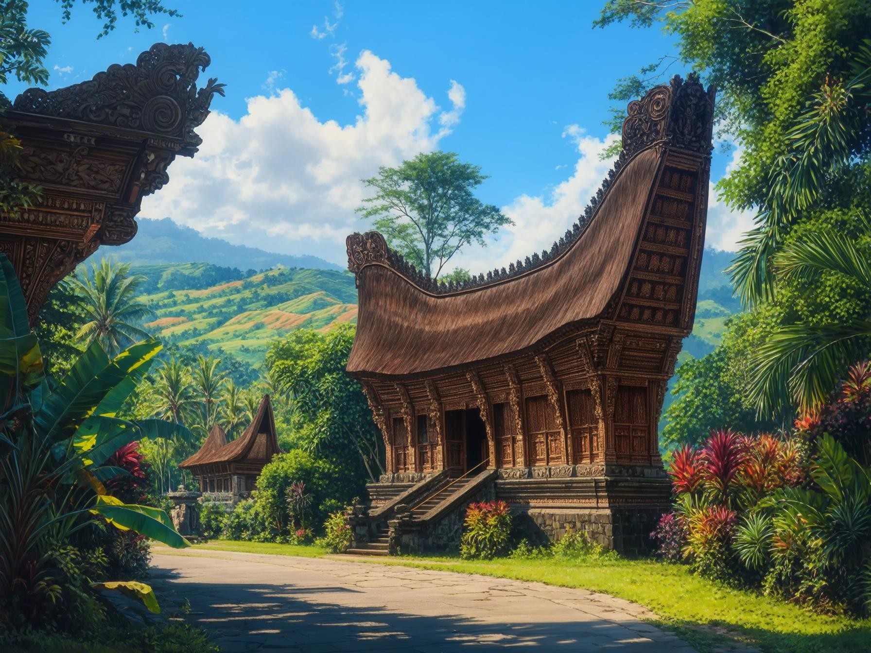 Traditional Toraja houses with intricate wooden carvings set amidst lush tropical landscape in Indonesia.