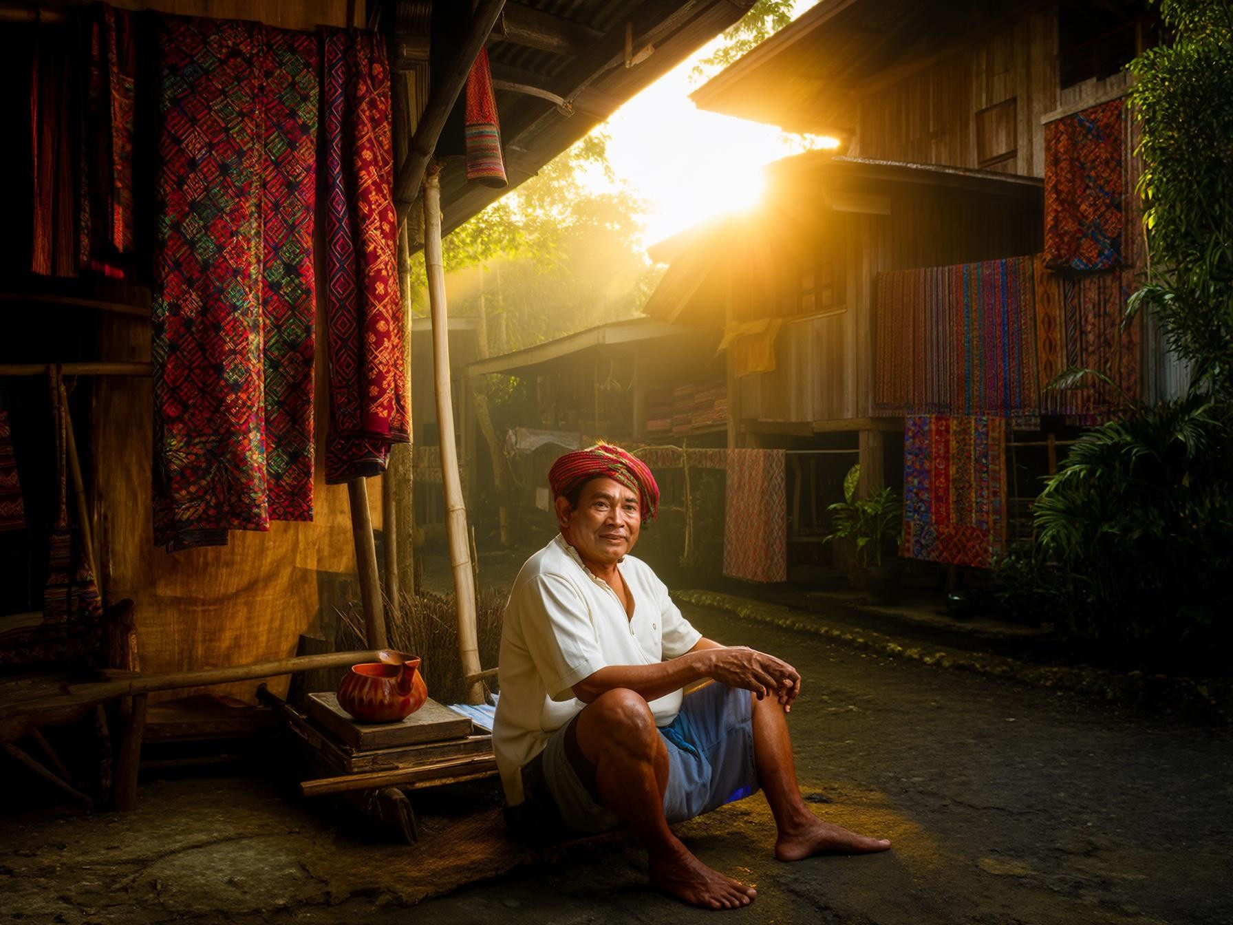 Traditional village scene at sunset with colorful woven textiles and rustic wooden houses, Southeast Asian culture.