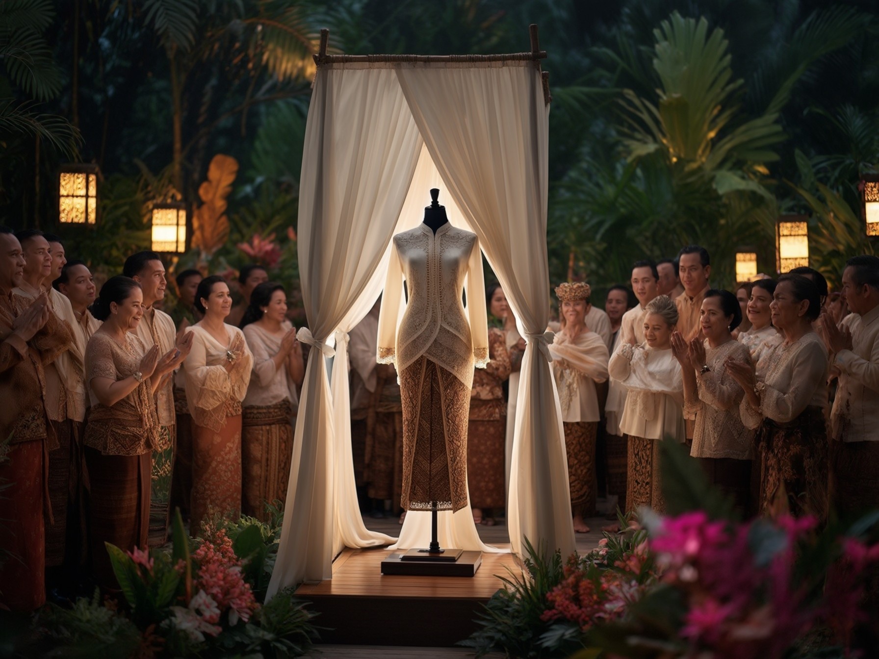 Traditional garment display with intricate design, surrounded by people in traditional attire in an outdoor ceremonial setting.