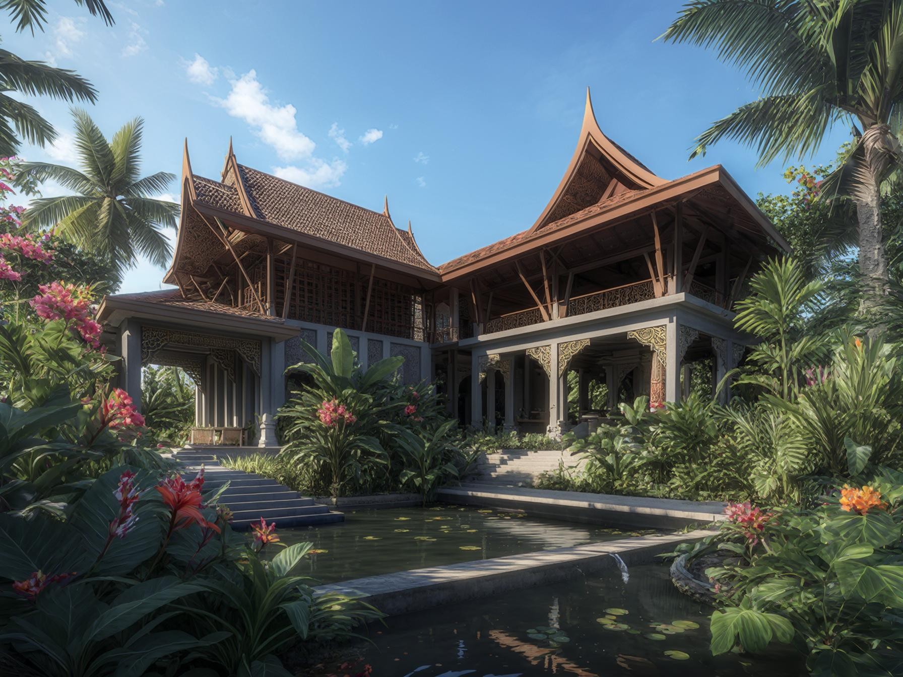 Traditional Thai house with ornate details, surrounded by lush tropical gardens and a serene pond, under a clear blue sky.