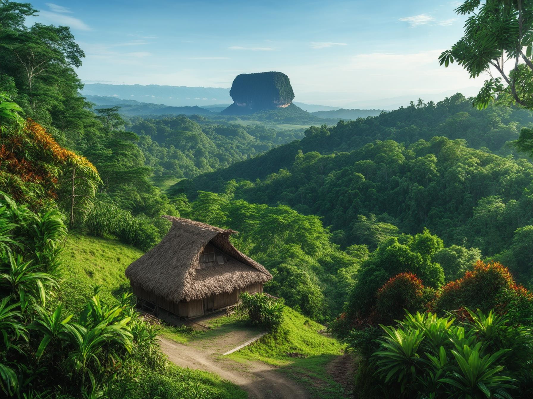 Traditional thatched hut in a lush tropical rainforest with a distant flat-top mountain under a clear blue sky.