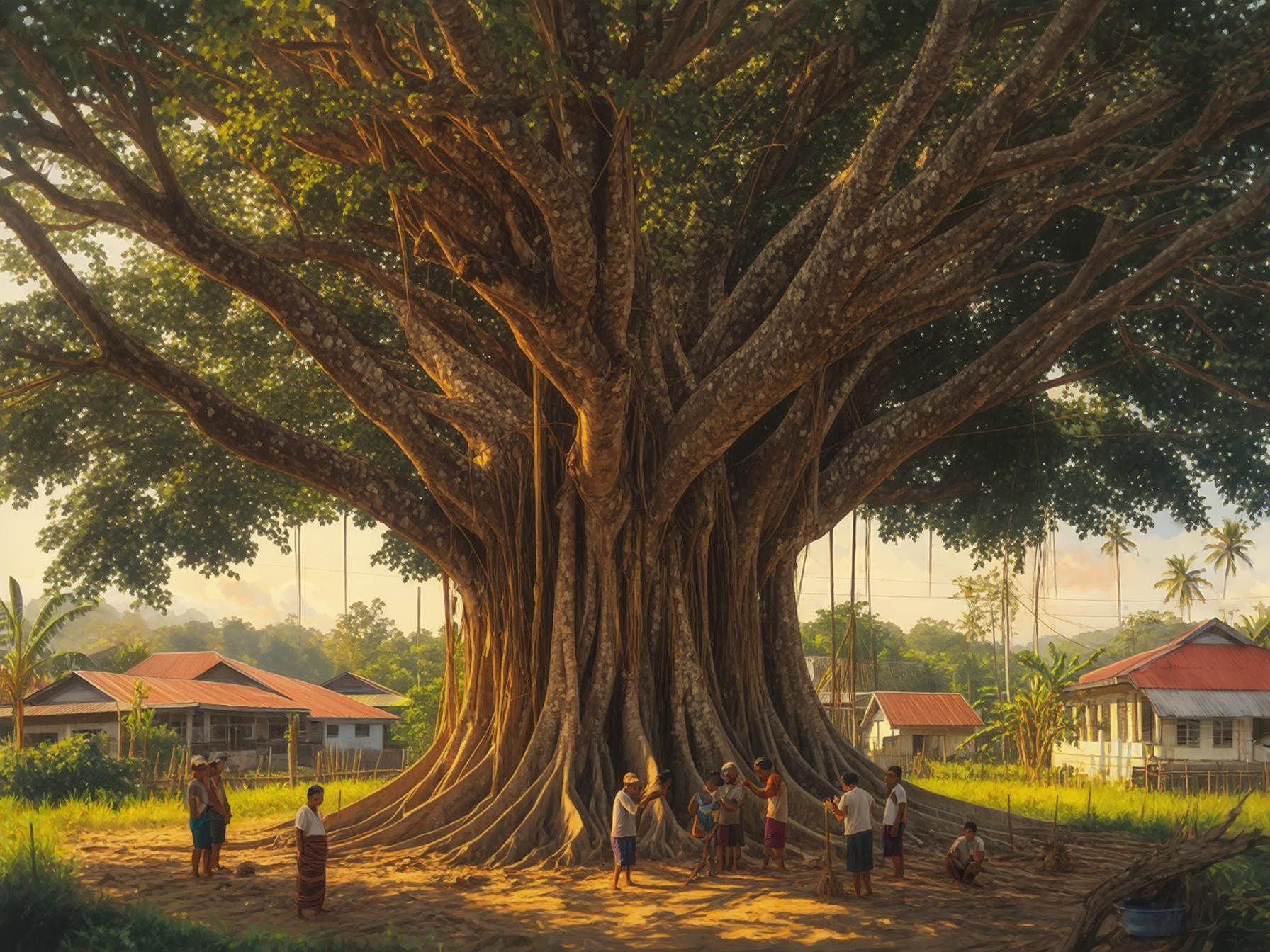 A majestic old tree surrounded by villagers in a tranquil rural setting, with traditional houses in the background.