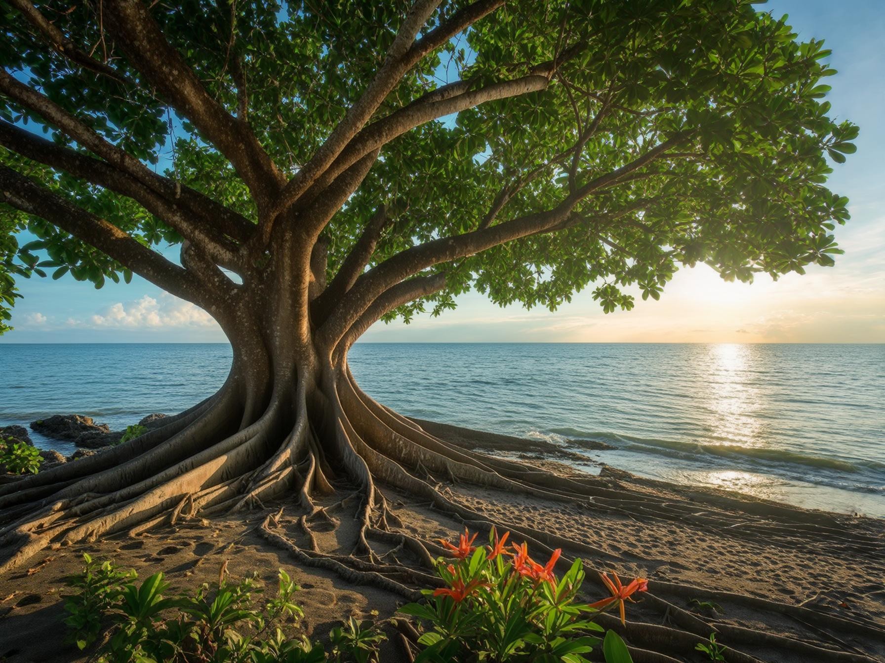 Large tree with sprawling roots on a sandy beach, vibrant flowers, and a serene ocean at sunset in the background.