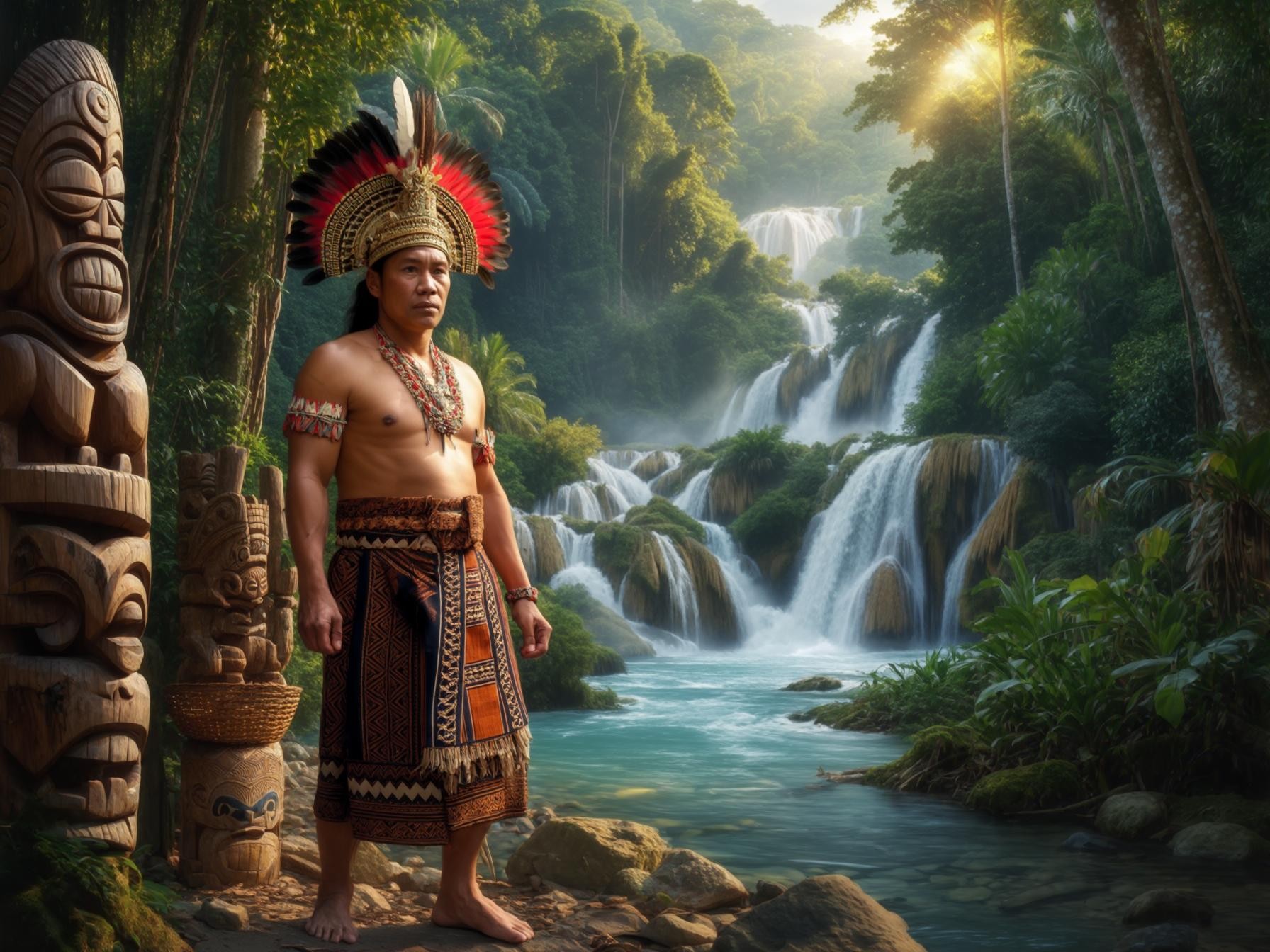 A man in traditional tribal attire stands near carved wooden totems in a lush rainforest with cascading waterfalls in the background.