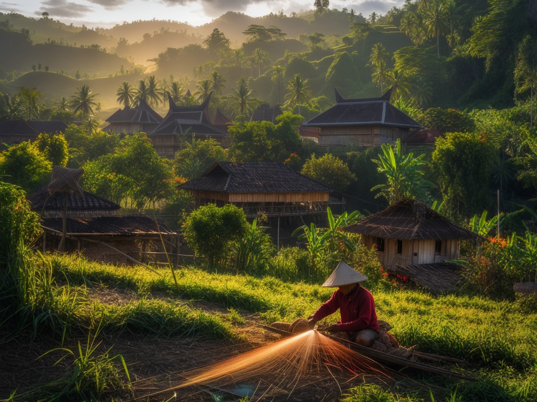 Traditional Asian village with stunning mountain scenery, sunrise, lush greenery, bamboo houses, and a farmer weaving basket.