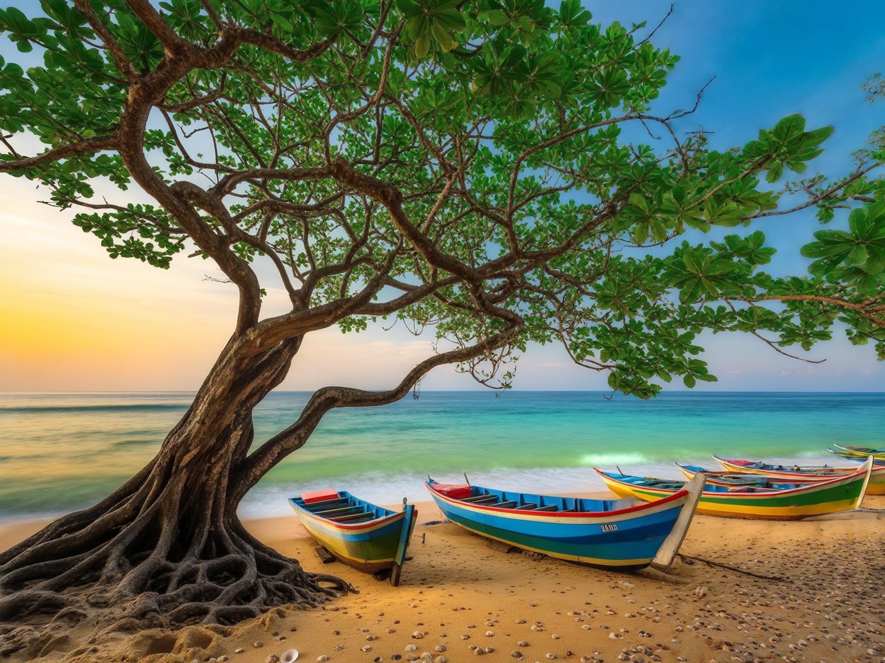 Colorful boats on a serene beach under a large tree with vibrant green leaves, set against a stunning sunset sky and turquoise sea.