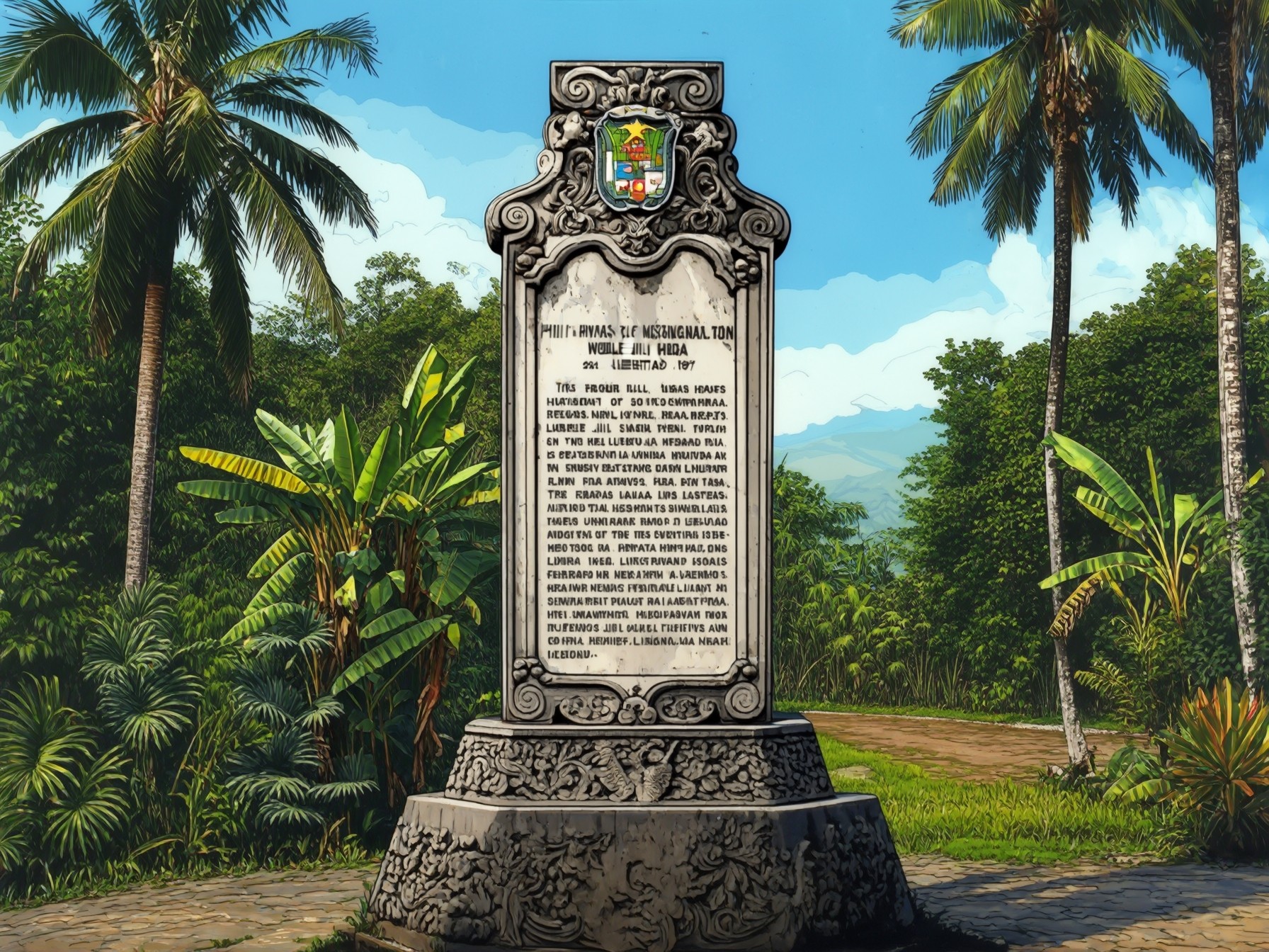 Historical monument with text surrounded by tropical palm trees and lush green bushes in a picturesque landscape setting.