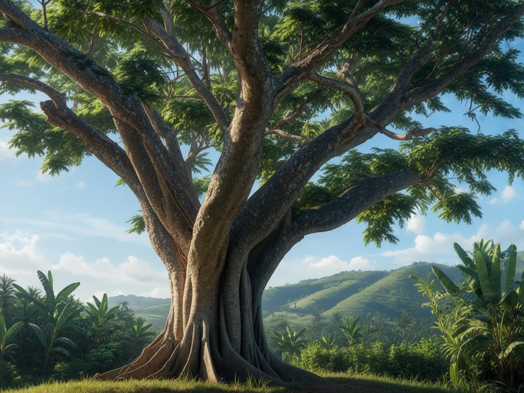 Majestic tree with lush green leaves in a serene landscape with rolling hills and clear blue sky.