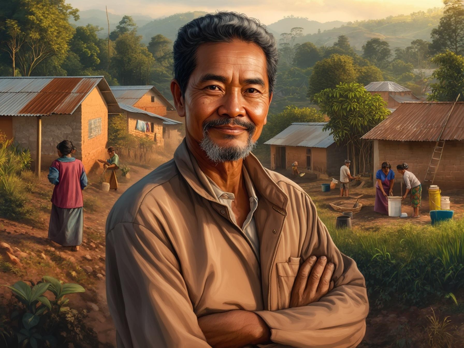 Rural village life with people doing daily chores in a lush green countryside setting, brick houses with tin roofs in the background.